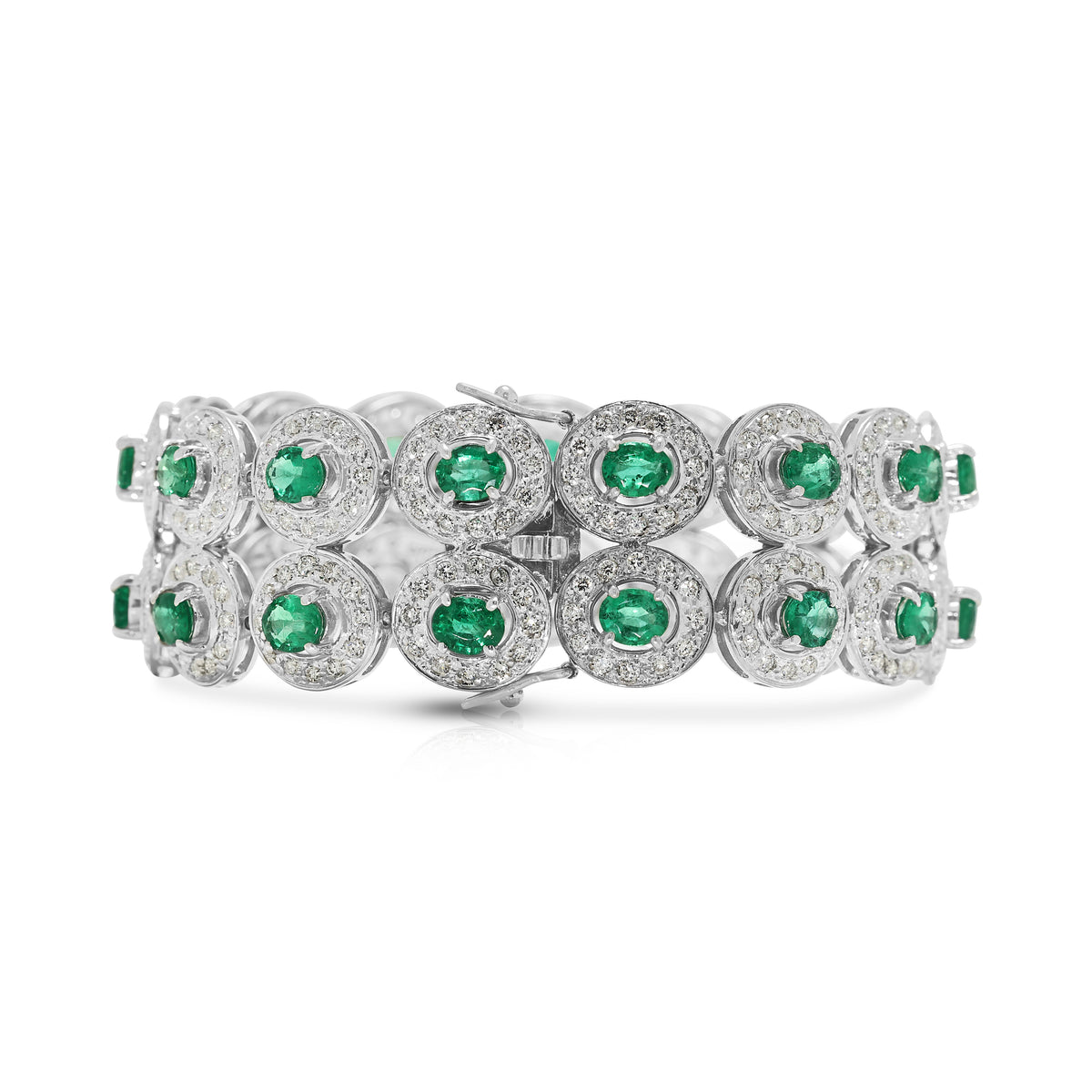 Resplendent 8.10ct Emerald and 4.68ct Natural Diamond Double Row Halo Link Bracelet in 18K White Gold