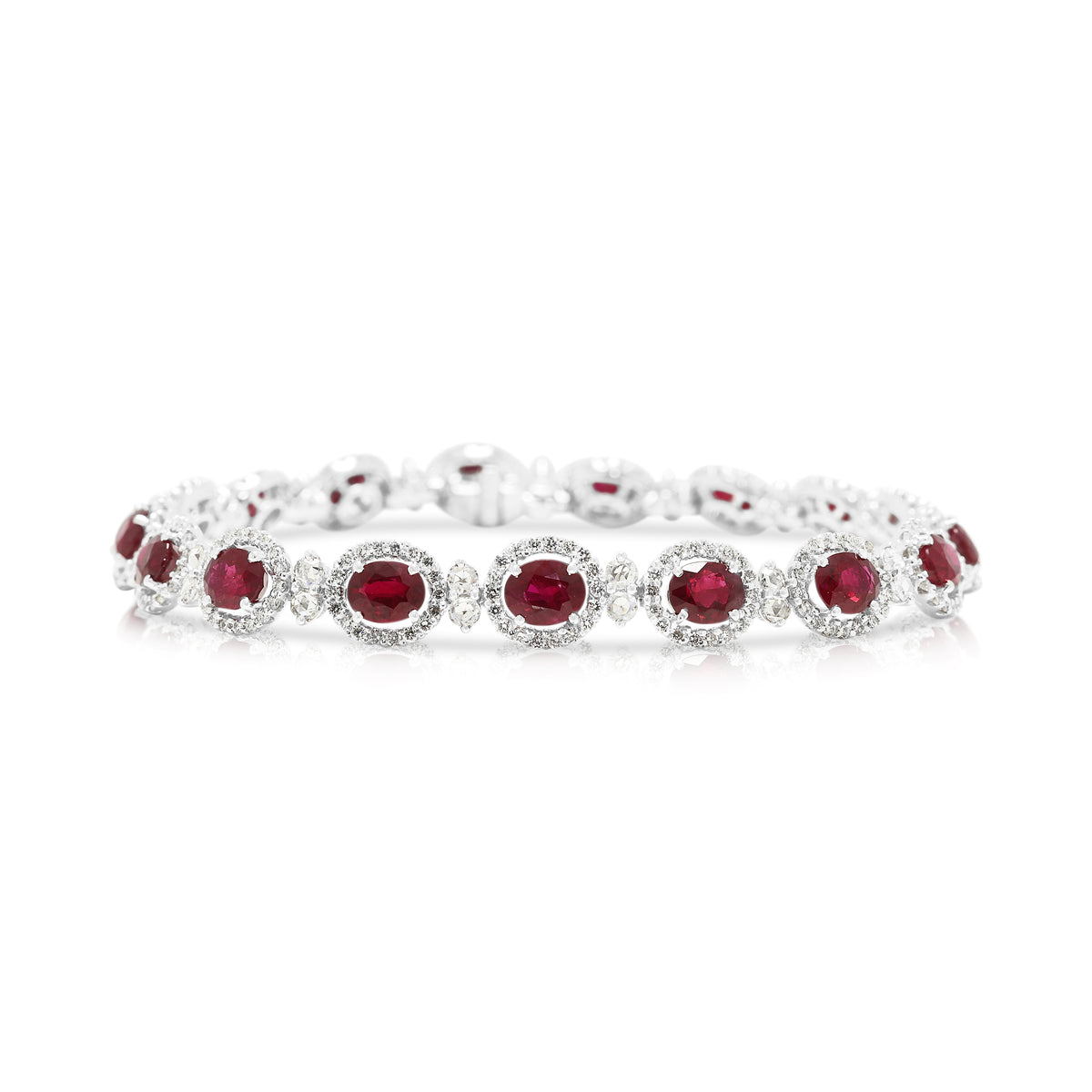 Majestic 8.35ct Burmese Ruby and 1.83ct Diamond Halo Line Bracelet in 18K White Gold with Nan Yang Certificate