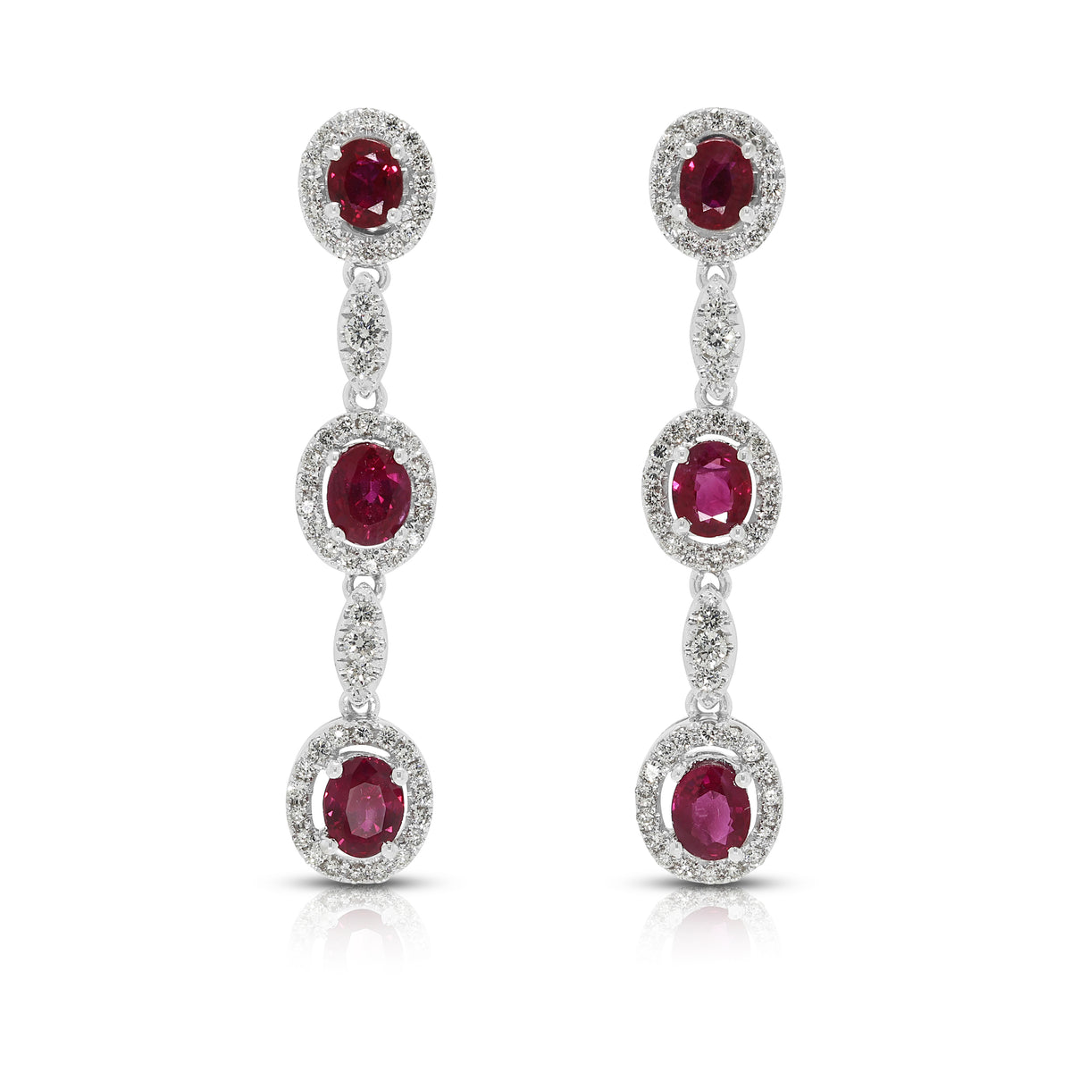 Exquisite 2.88ct Ruby and 1.02ct Natural Diamond Three Tier Halo Drop Earrings in 18K White Gold