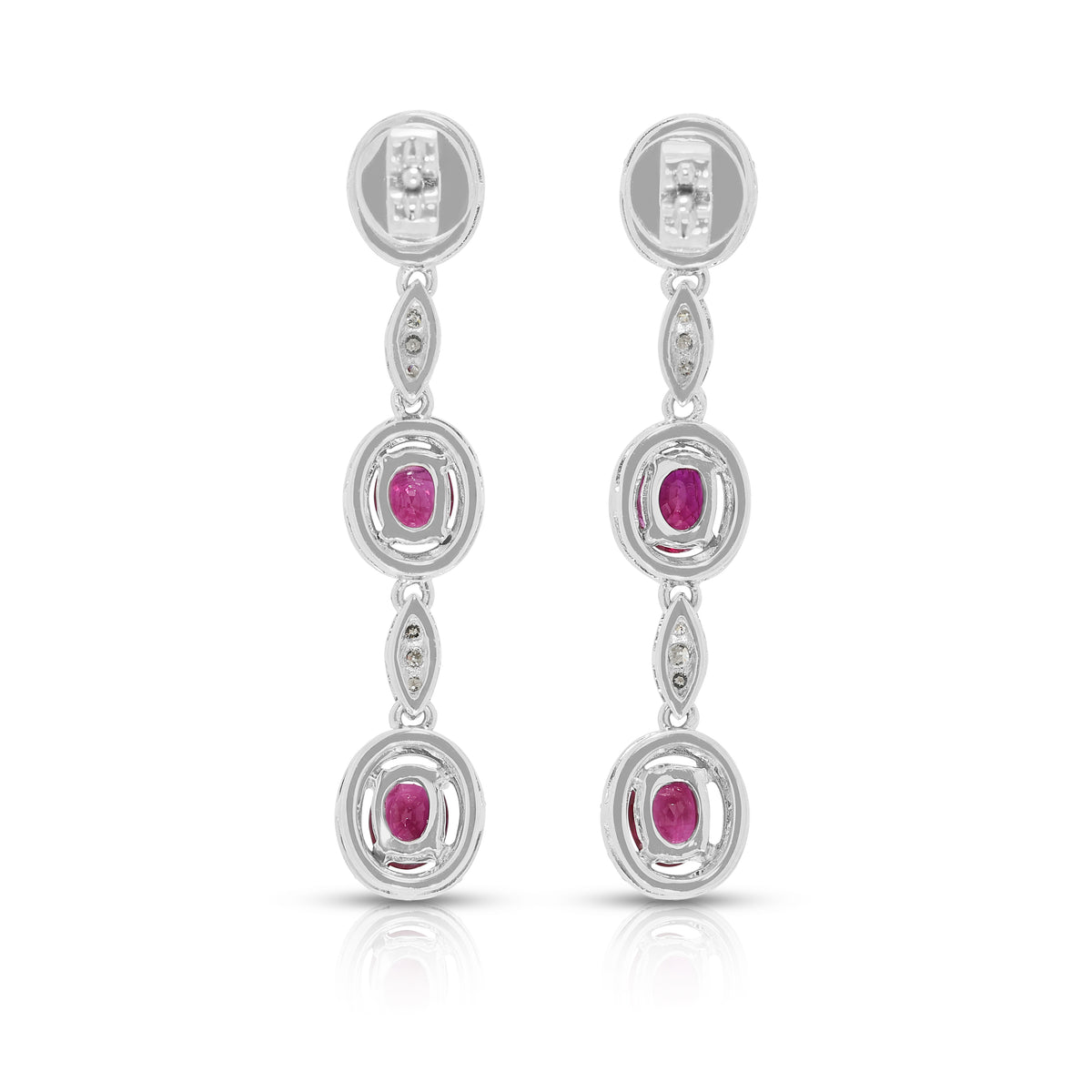 Exquisite 2.88ct Ruby and 1.02ct Natural Diamond Three Tier Halo Drop Earrings in 18K White Gold