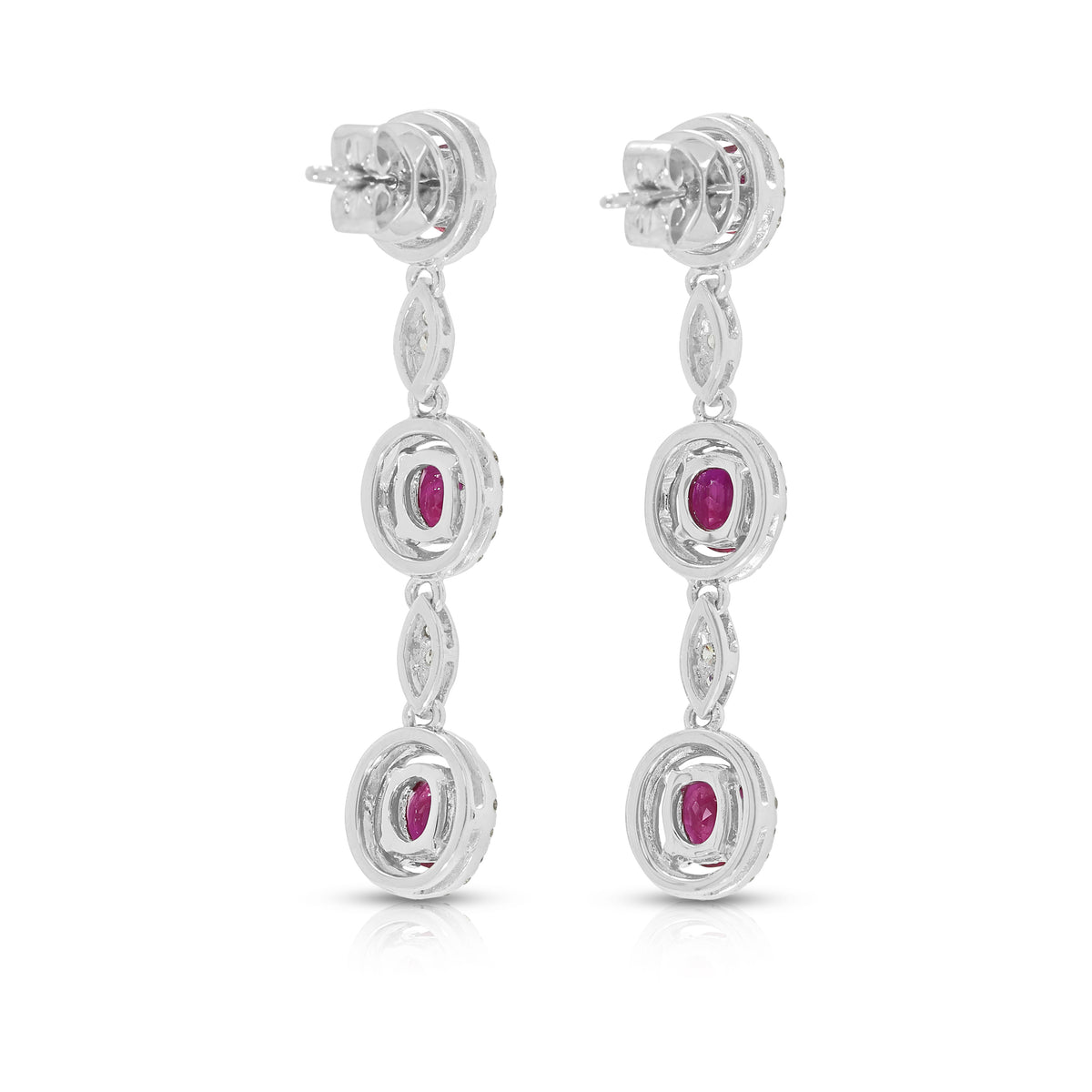 Exquisite 2.88ct Ruby and 1.02ct Natural Diamond Three Tier Halo Drop Earrings in 18K White Gold