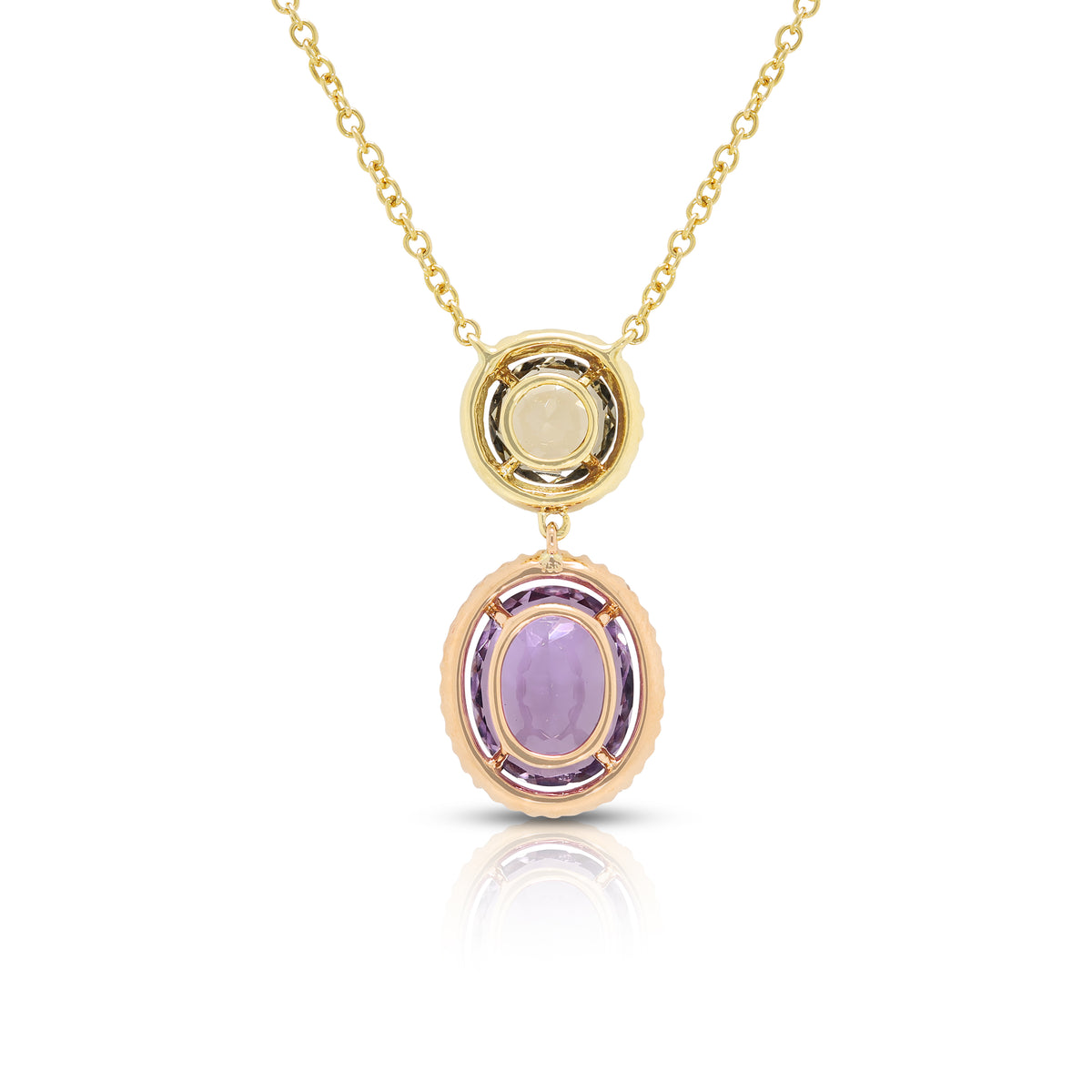 Radiant 3.88ct Amethyst, 1.80ct Spinel and 0.42ct Natural Diamond Double Halo Pendant Necklace in 18K Two-Tone Gold