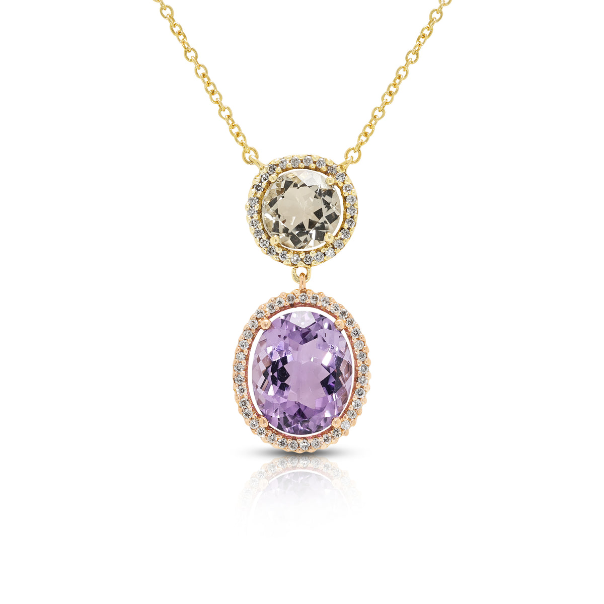 Radiant 3.88ct Amethyst, 1.80ct Spinel and 0.42ct Natural Diamond Double Halo Pendant Necklace in 18K Two-Tone Gold