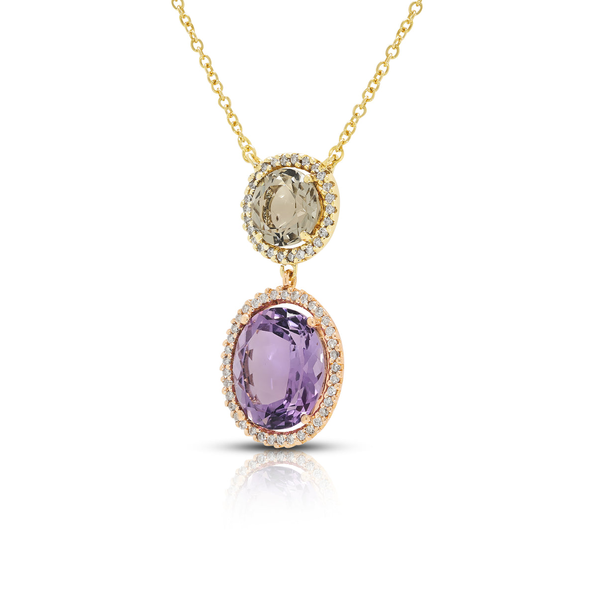 Radiant 3.88ct Amethyst, 1.80ct Spinel and 0.42ct Natural Diamond Double Halo Pendant Necklace in 18K Two-Tone Gold