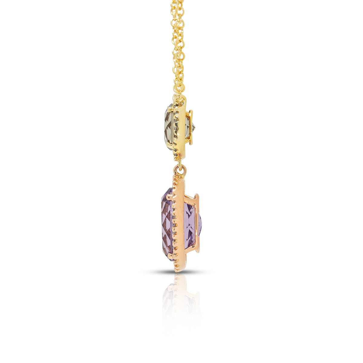 Radiant 3.88ct Amethyst, 1.80ct Spinel and 0.42ct Natural Diamond Double Halo Pendant Necklace in 18K Two-Tone Gold