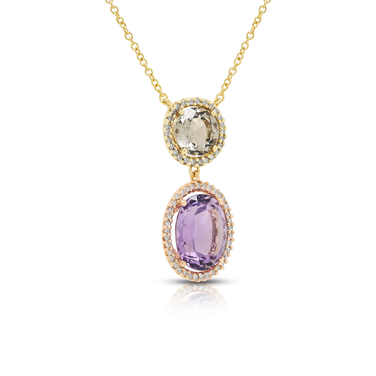 Radiant 3.88ct Amethyst, 1.80ct Spinel and 0.42ct Natural Diamond Double Halo Pendant Necklace in 18K Two-Tone Gold