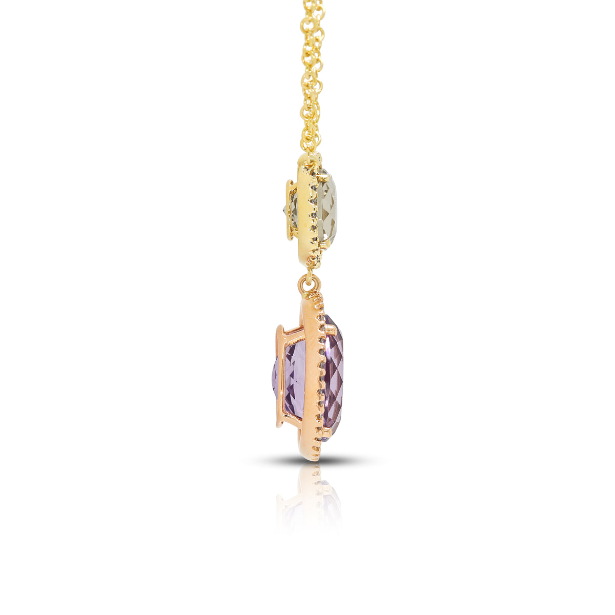 Radiant 3.88ct Amethyst, 1.80ct Spinel and 0.42ct Natural Diamond Double Halo Pendant Necklace in 18K Two-Tone Gold