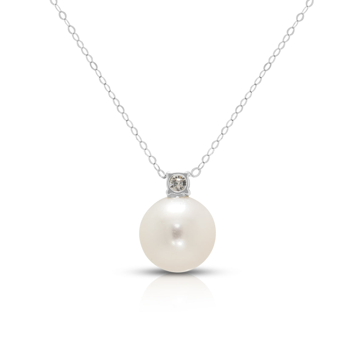 Elegant 9mm White Pearl and 0.10ct Natural Diamond Pendant Necklace in 18K White Gold