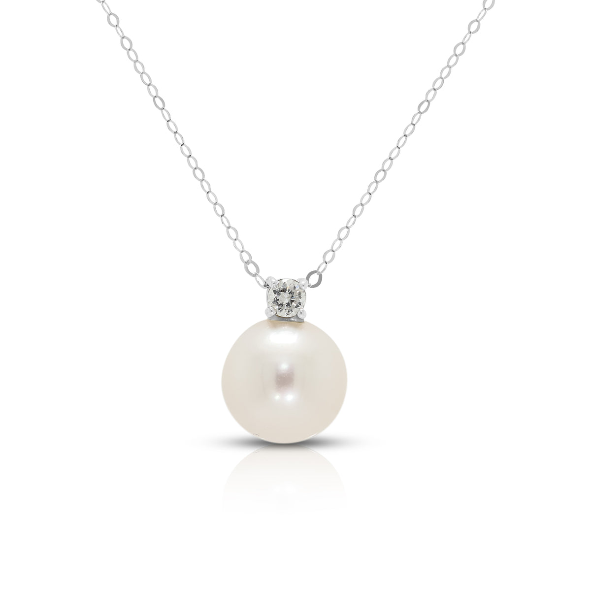Elegant 9mm White Pearl and 0.10ct Natural Diamond Pendant Necklace in 18K White Gold