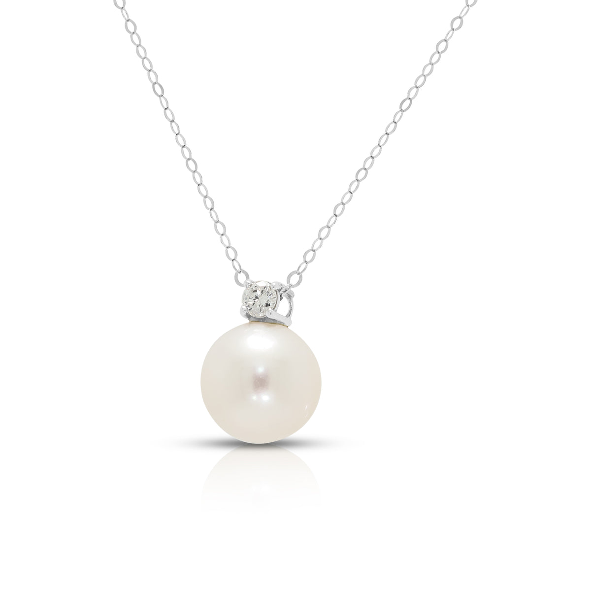 Elegant 9mm White Pearl and 0.10ct Natural Diamond Pendant Necklace in 18K White Gold