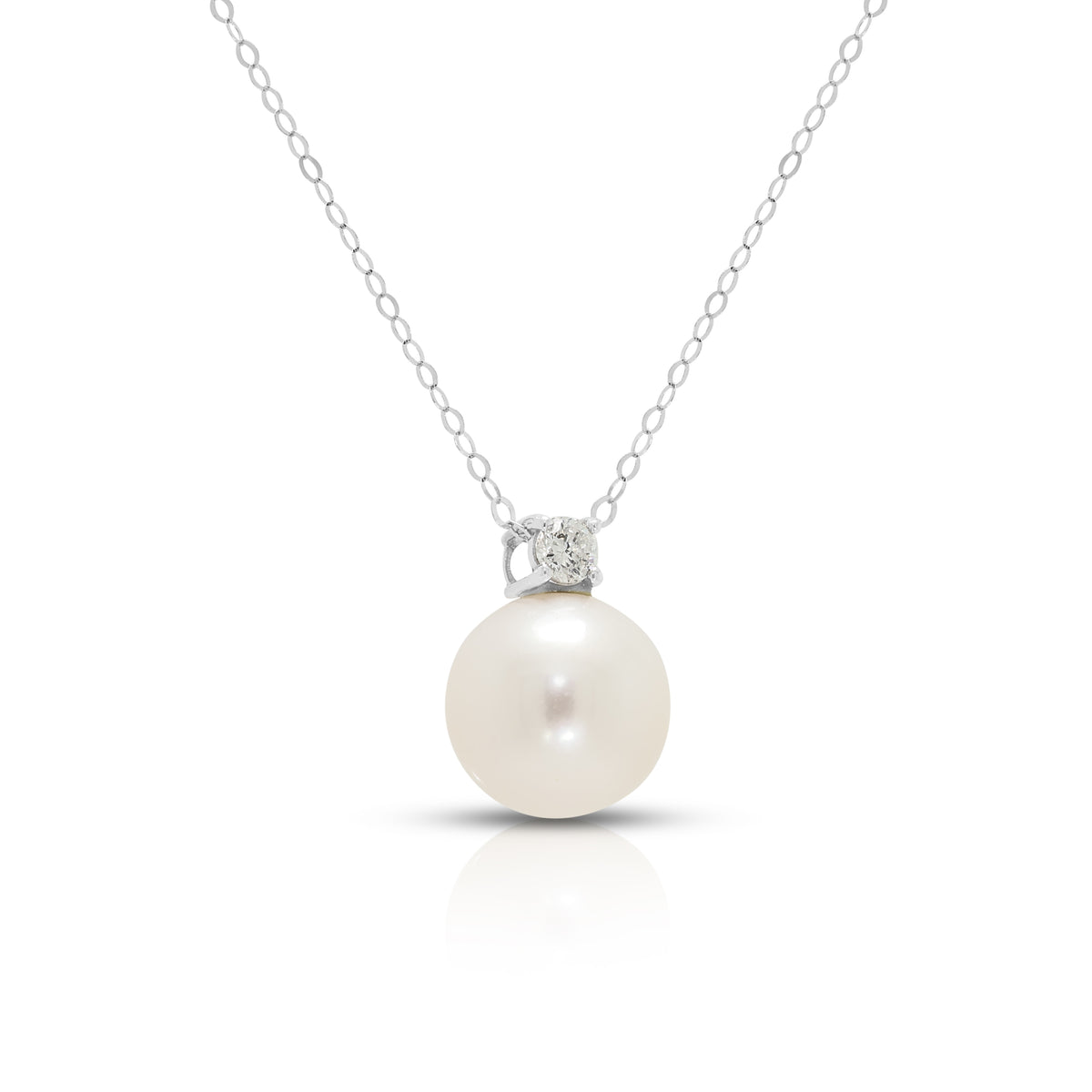 Elegant 9mm White Pearl and 0.10ct Natural Diamond Pendant Necklace in 18K White Gold