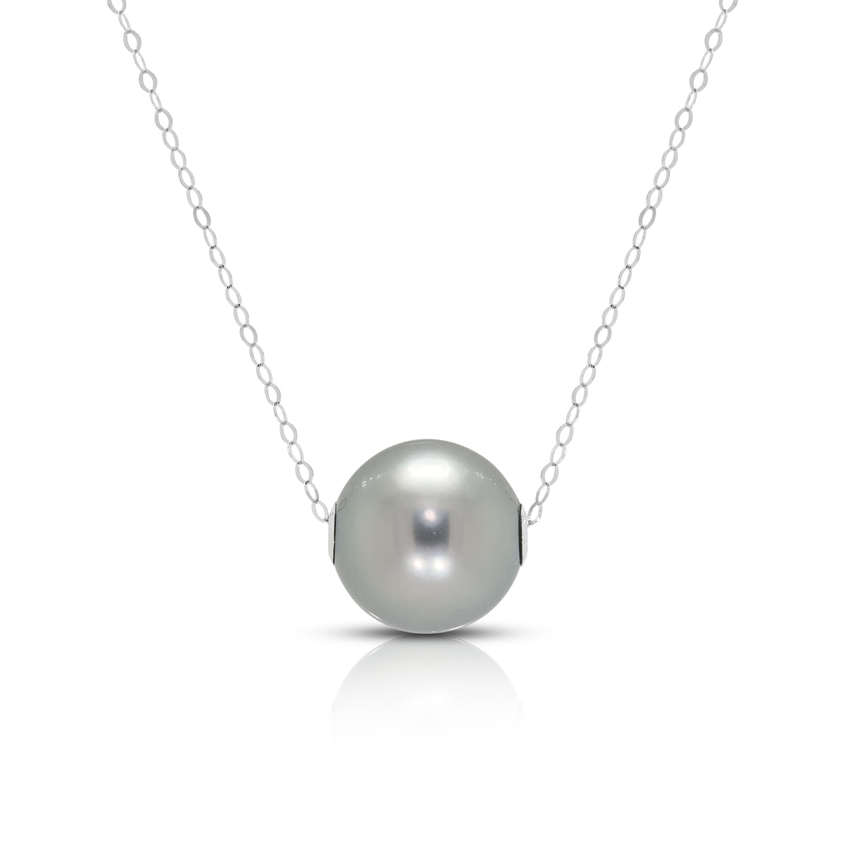 Sophisticated 10mm Grey Tahitian Pearl Slide Pendant Necklace in 18K White Gold