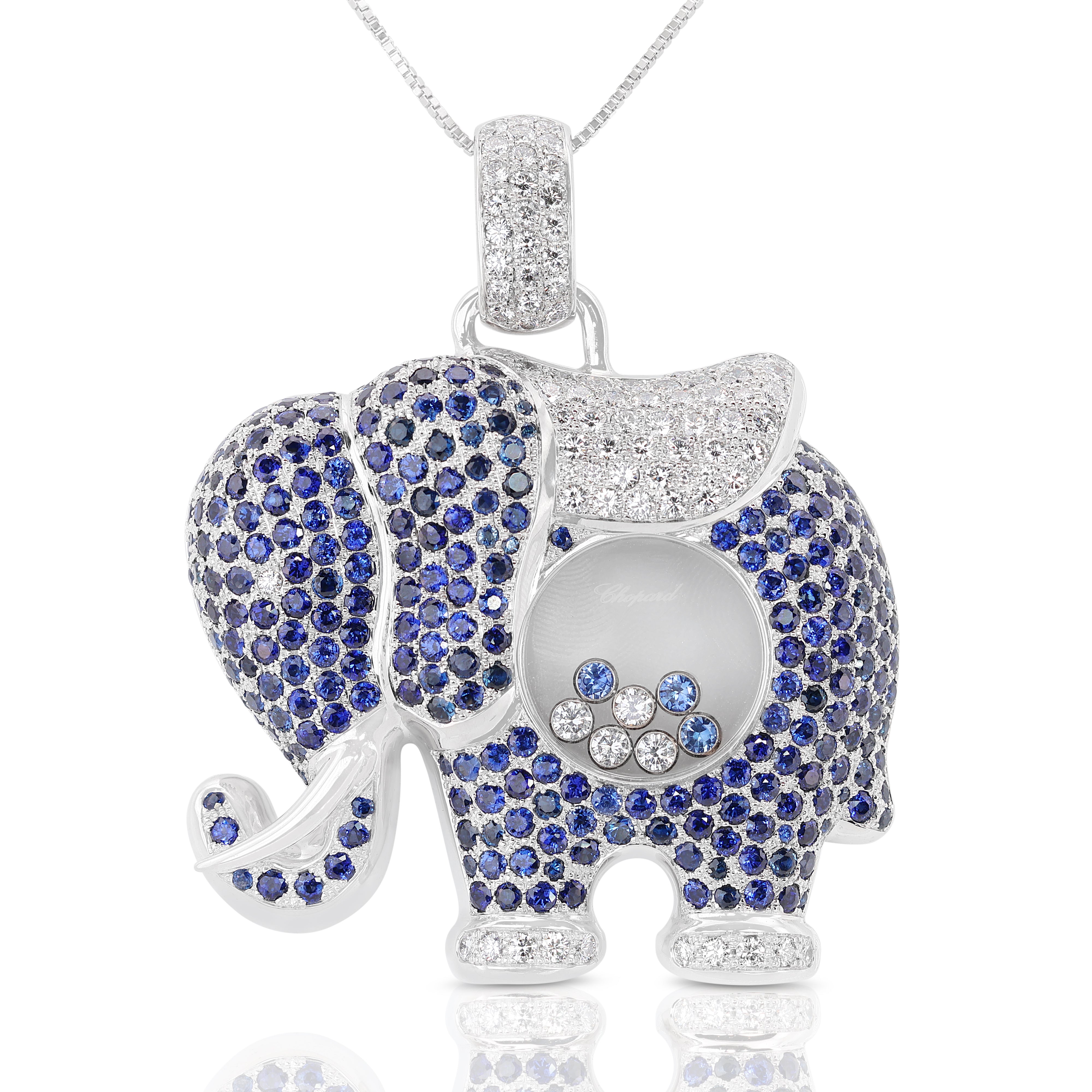 Chopard 7 carats and 2 points Sapphire and Natural Diamond Elephant Pendant in 18K White Gold