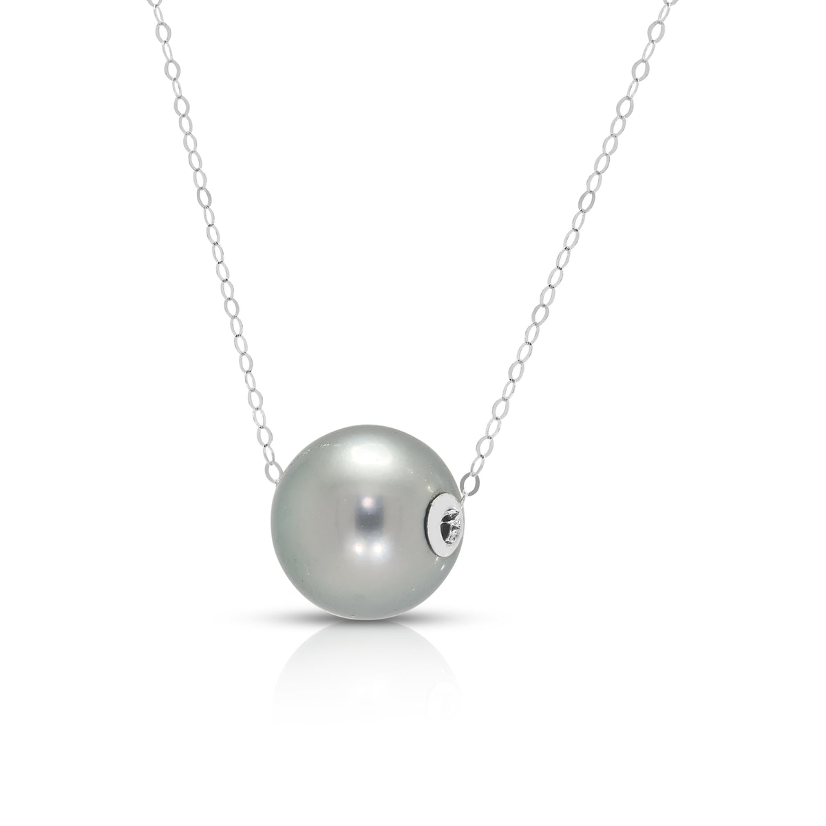 Sophisticated 10mm Grey Tahitian Pearl Slide Pendant Necklace in 18K White Gold