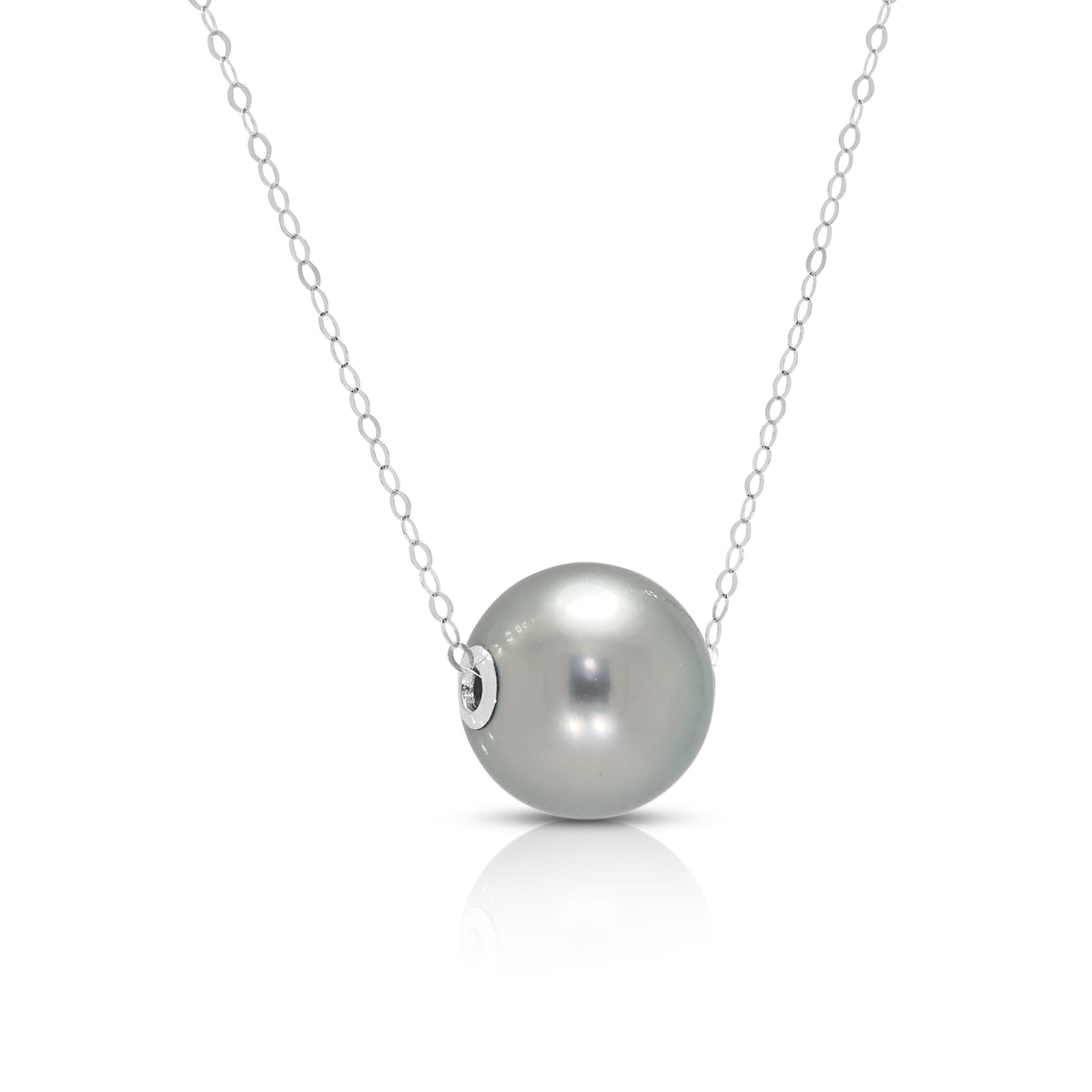 Sophisticated 10mm Grey Tahitian Pearl Slide Pendant Necklace in 18K White Gold