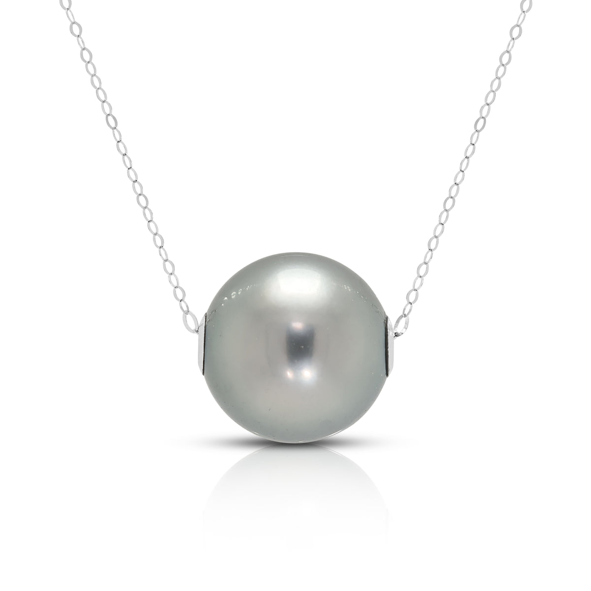 Sophisticated 10mm Grey Tahitian Pearl Slide Pendant Necklace in 18K White Gold