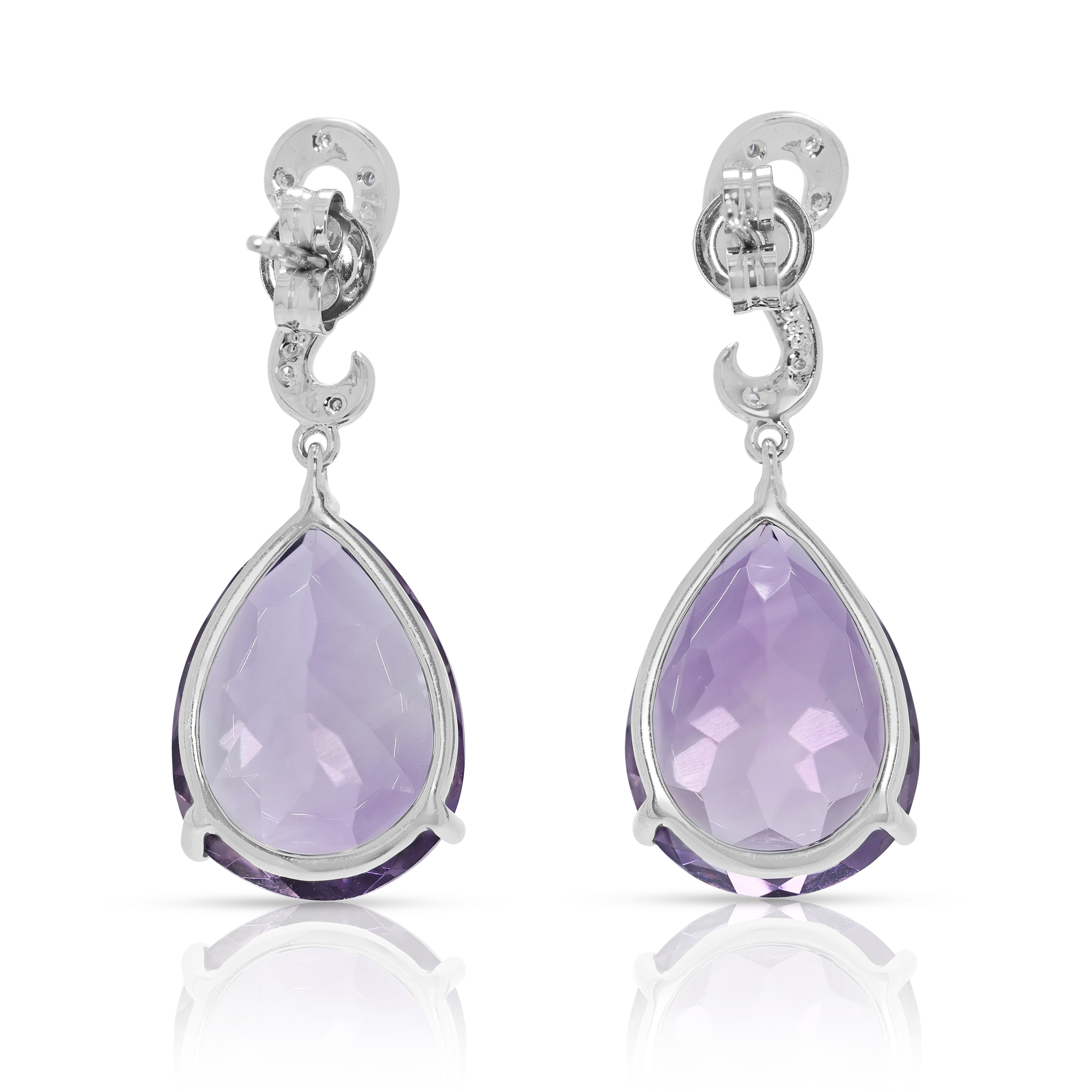Opulent 14.36ct Amethyst & Natural Diamond Drop Earrings in 14K White Gold