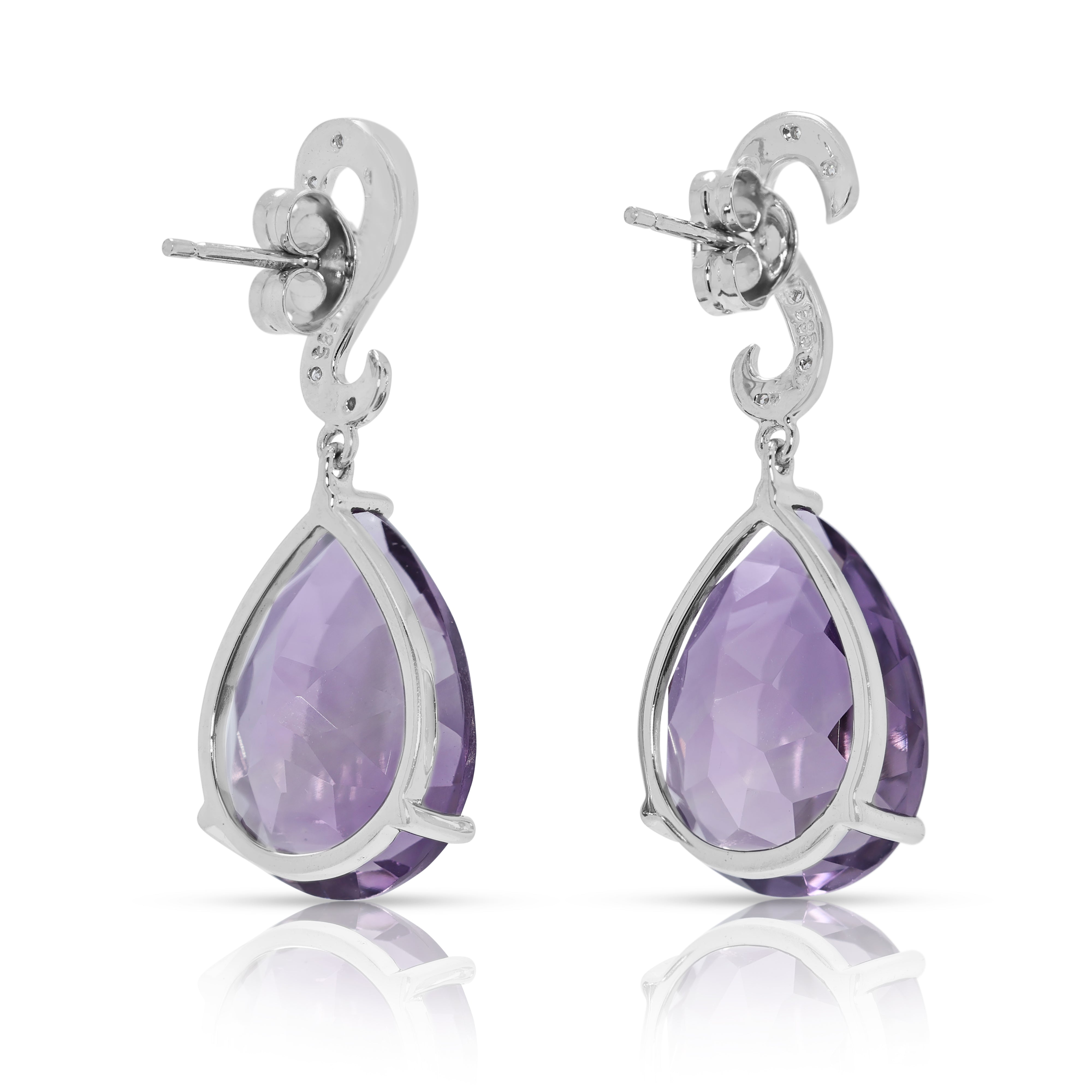 Opulent 14.36ct Amethyst & Natural Diamond Drop Earrings in 14K White Gold