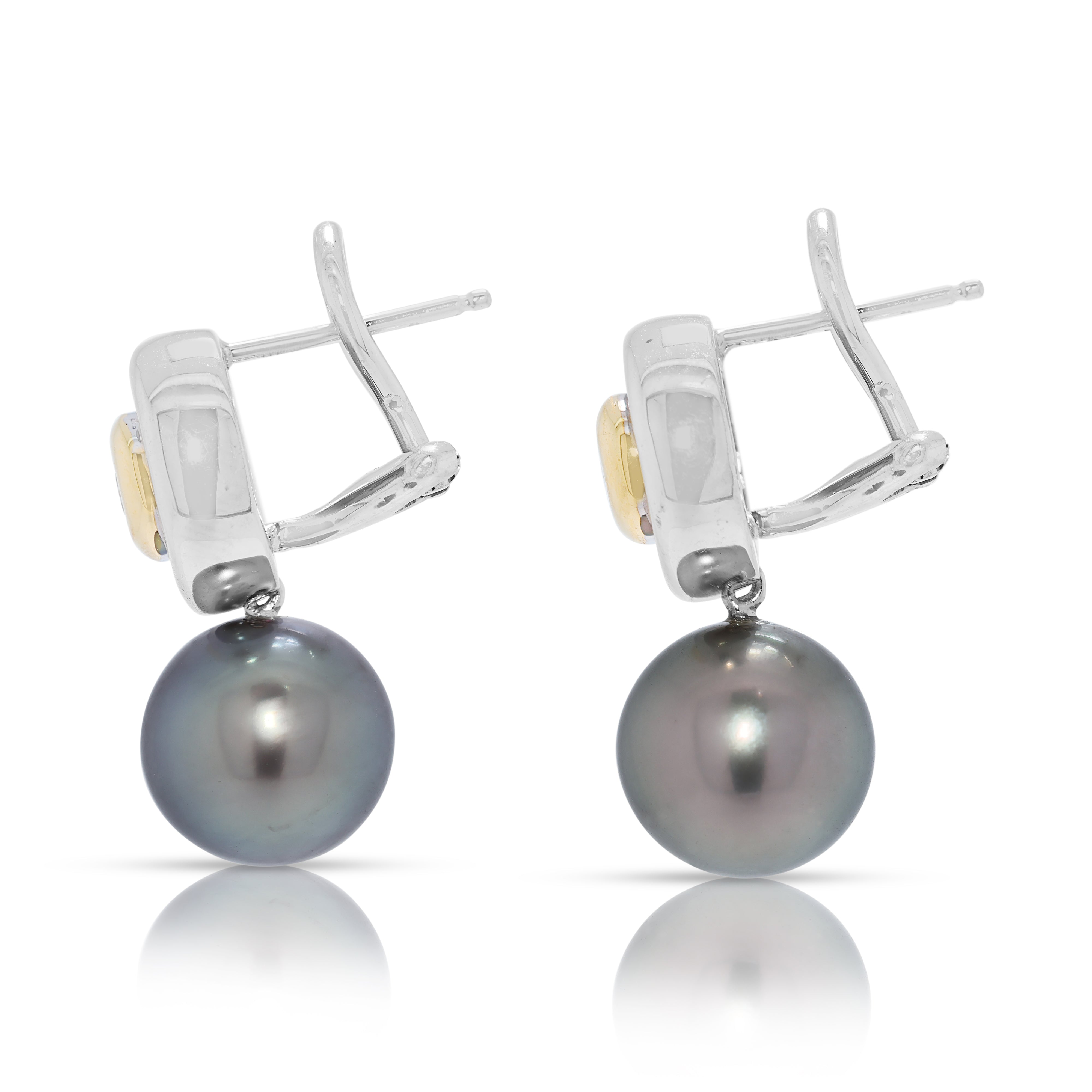 Sophisticated 0.10ct Natural Diamond & 10.42mm South Sea Pearl Earrings in 18K Two-Toned Gold