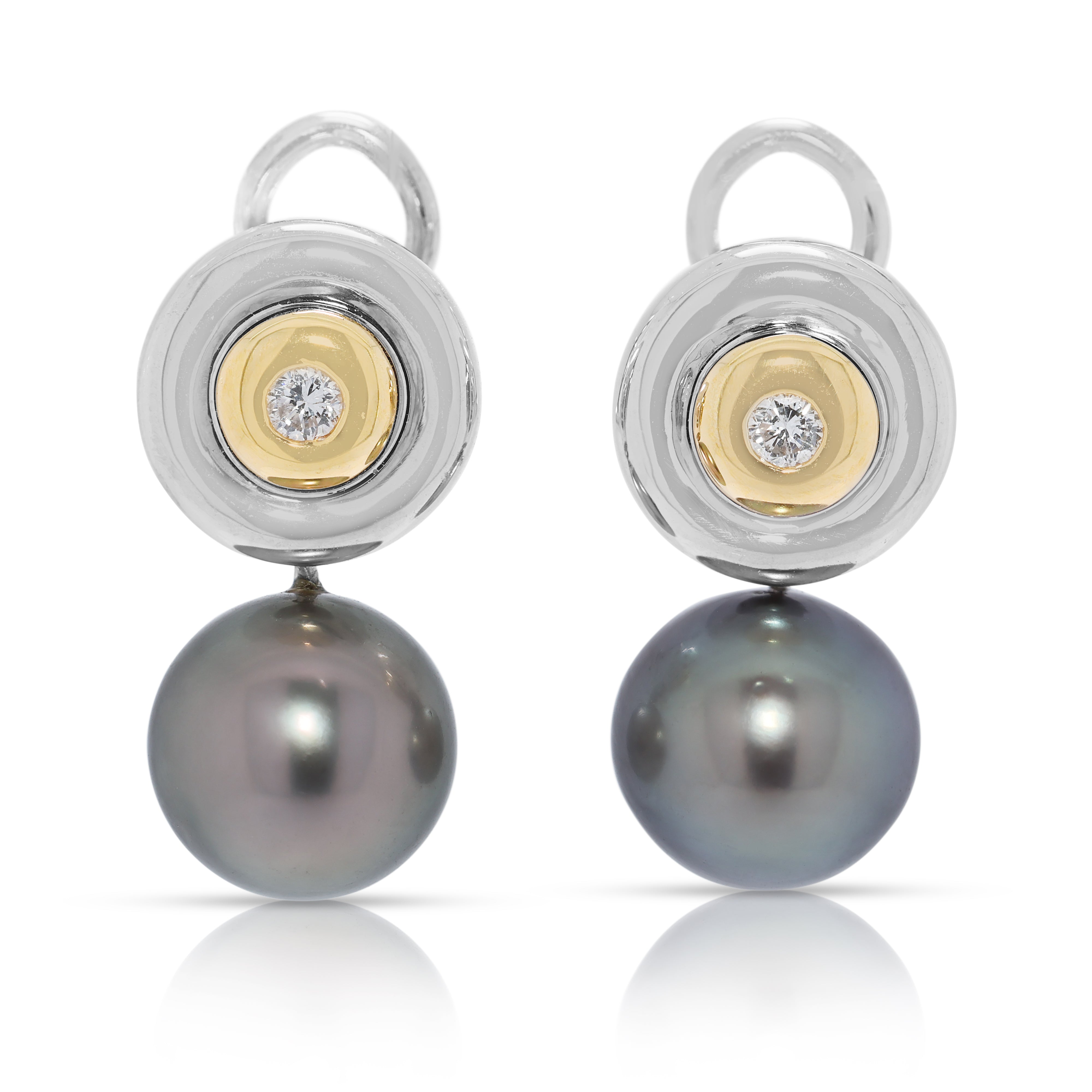 Sophisticated 0.10ct Natural Diamond & 10.42mm South Sea Pearl Earrings in 18K Two-Toned Gold