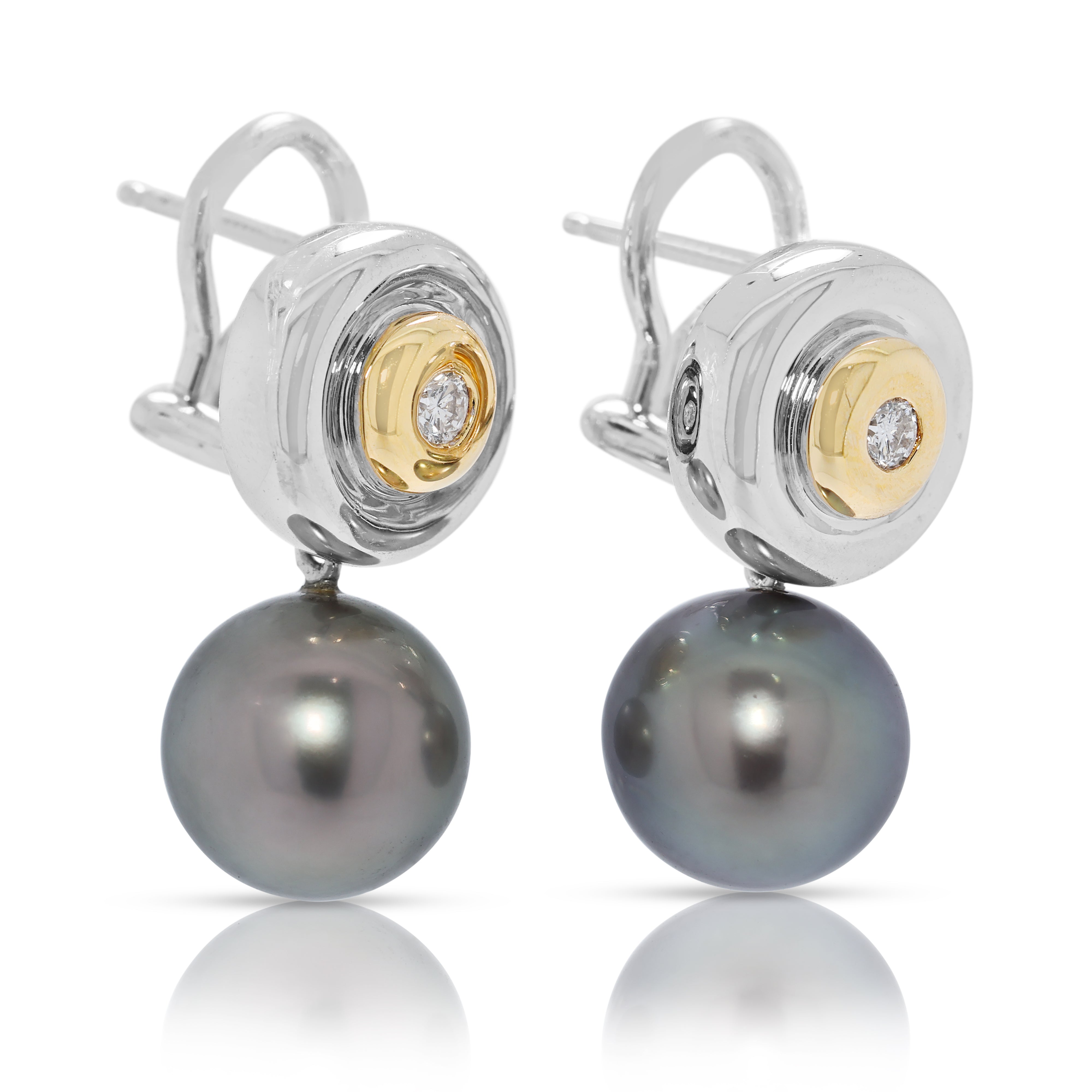 Sophisticated 0.10ct Natural Diamond & 10.42mm South Sea Pearl Earrings in 18K Two-Toned Gold