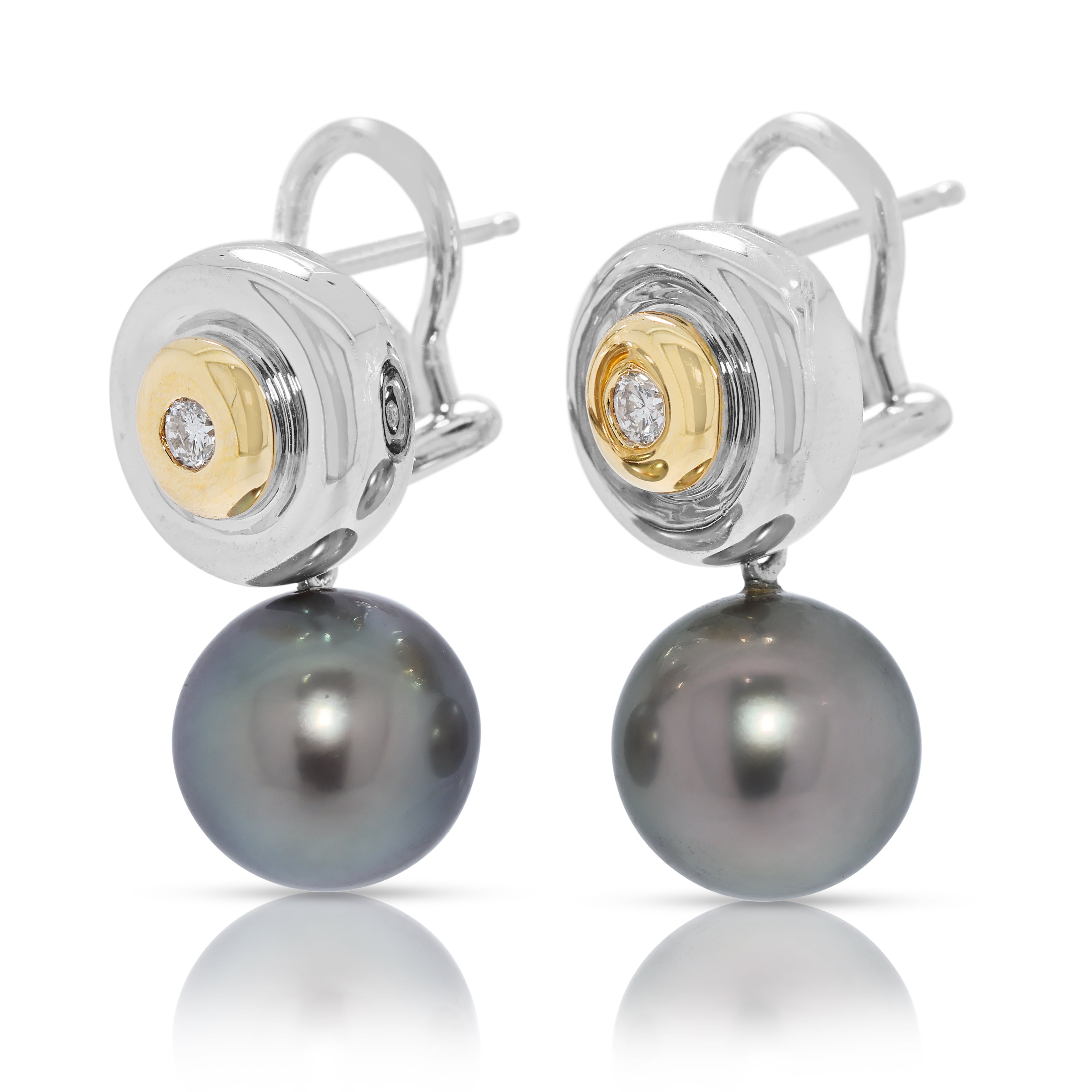 Sophisticated 0.10ct Natural Diamond & 10.42mm South Sea Pearl Earrings in 18K Two-Toned Gold