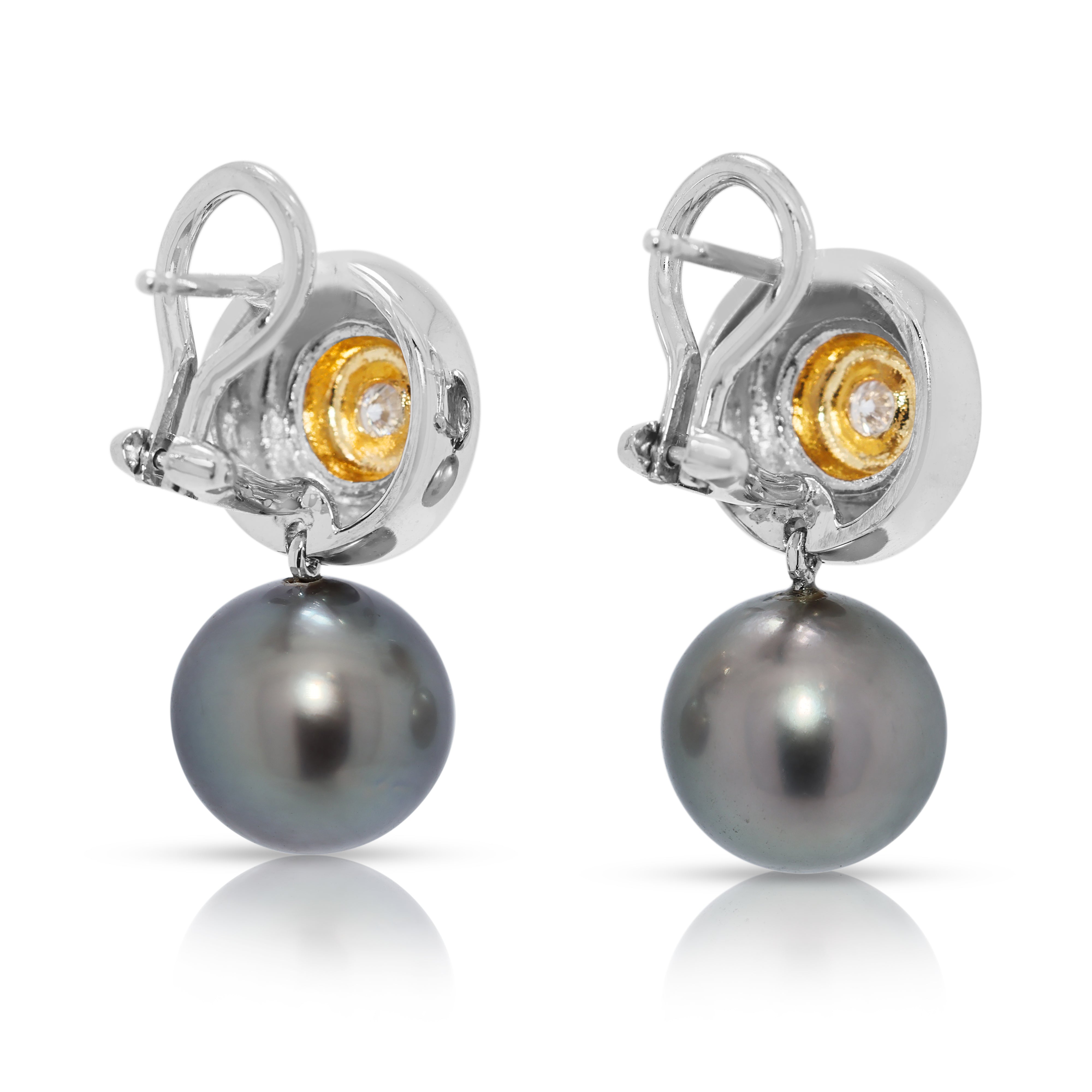 Sophisticated 0.10ct Natural Diamond & 10.42mm South Sea Pearl Earrings in 18K Two-Toned Gold