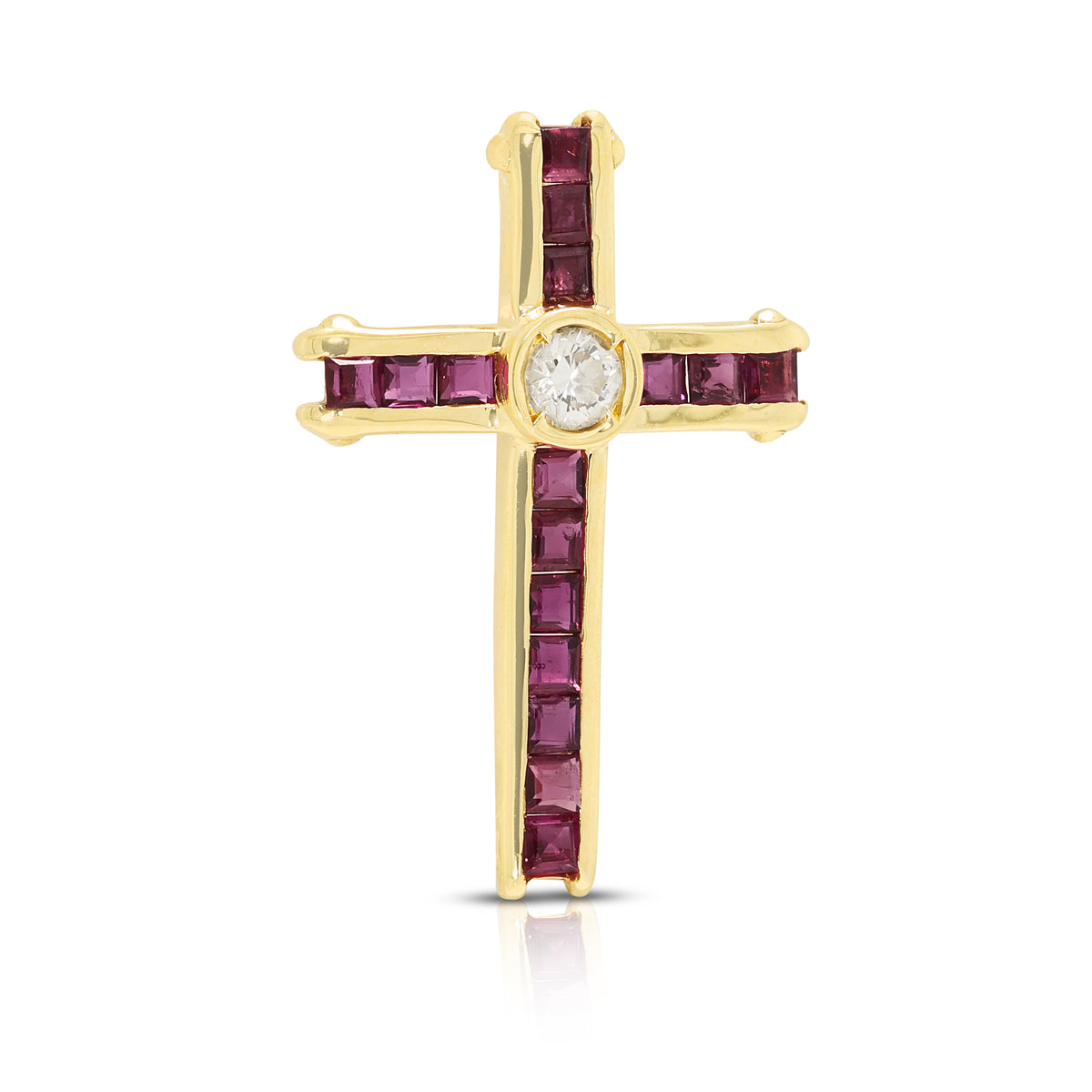 Spectacular 0.40ct Ruby and 0.10ct Natural Diamond Channel Set Cross Pendant in 18K Yellow Gold