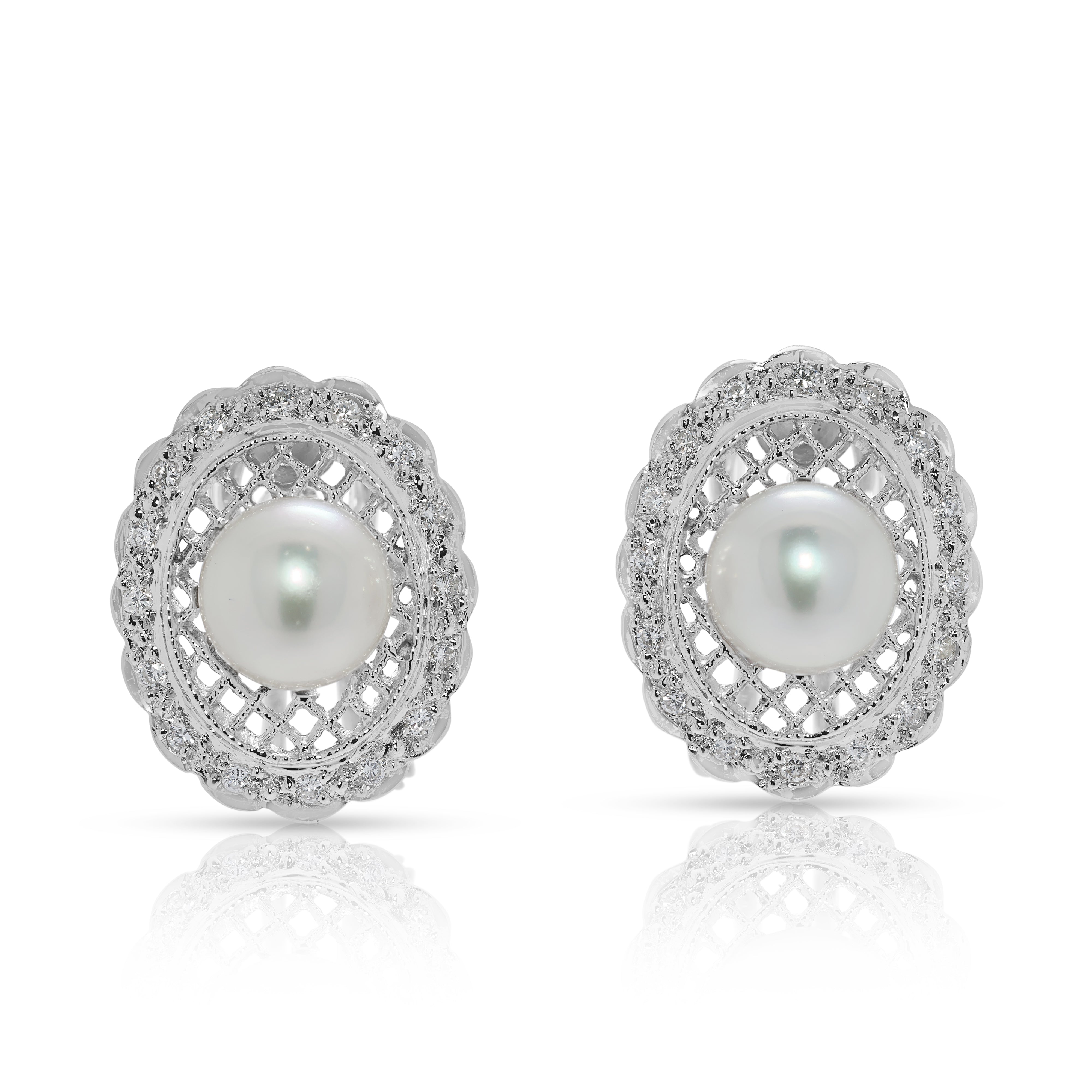 Graceful 0.19ct Natural Diamond & 7.2mm Akoya Pearl Earrings in 18K White Gold (New-unworn)