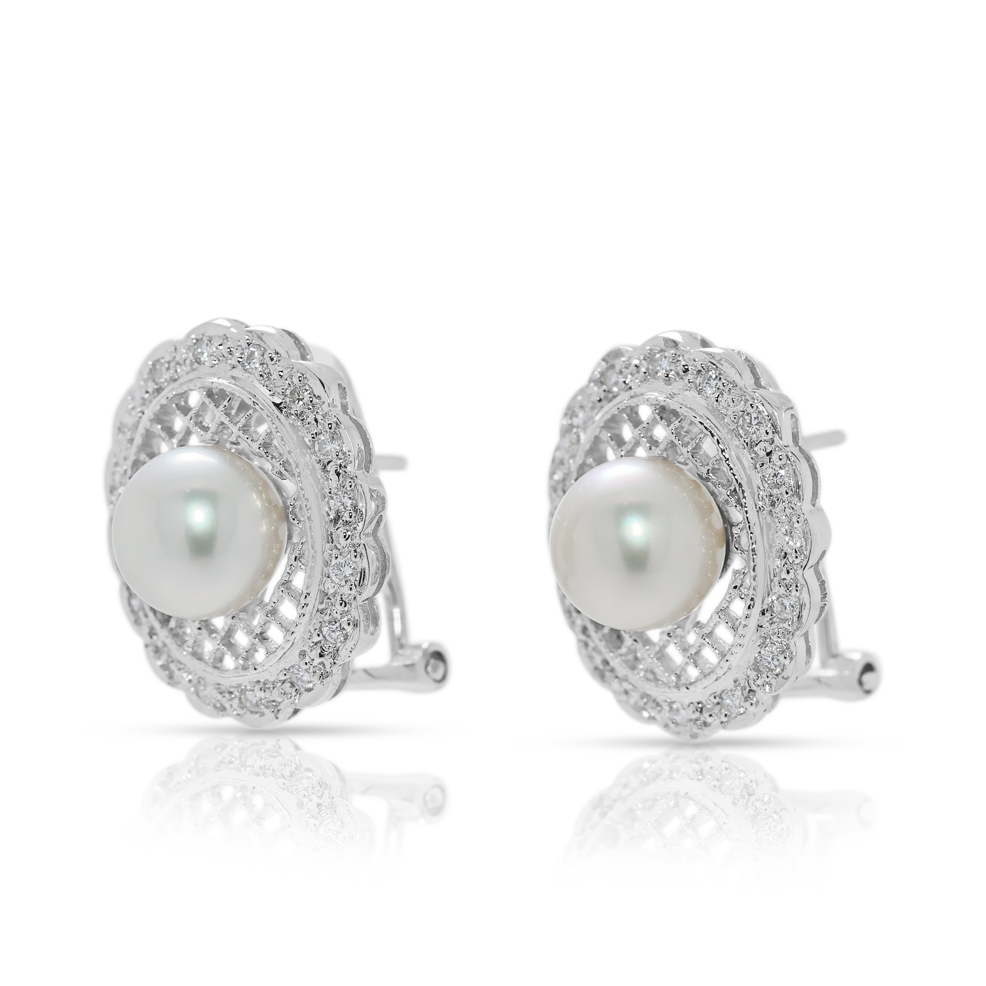 Graceful 0.19ct Natural Diamond & 7.2mm Akoya Pearl Earrings in 18K White Gold (New-unworn)