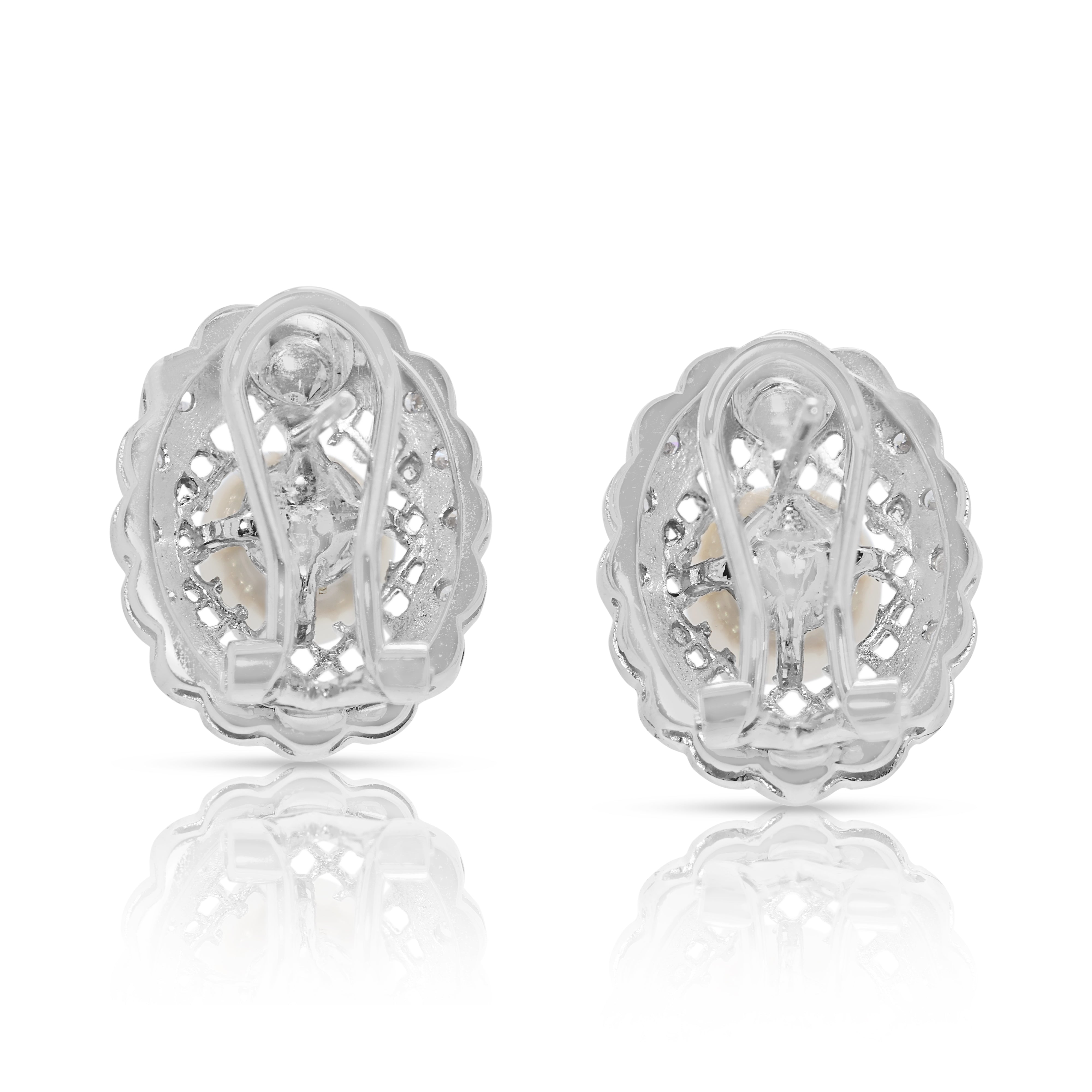 Graceful 0.19ct Natural Diamond & 7.2mm Akoya Pearl Earrings in 18K White Gold (New-unworn)