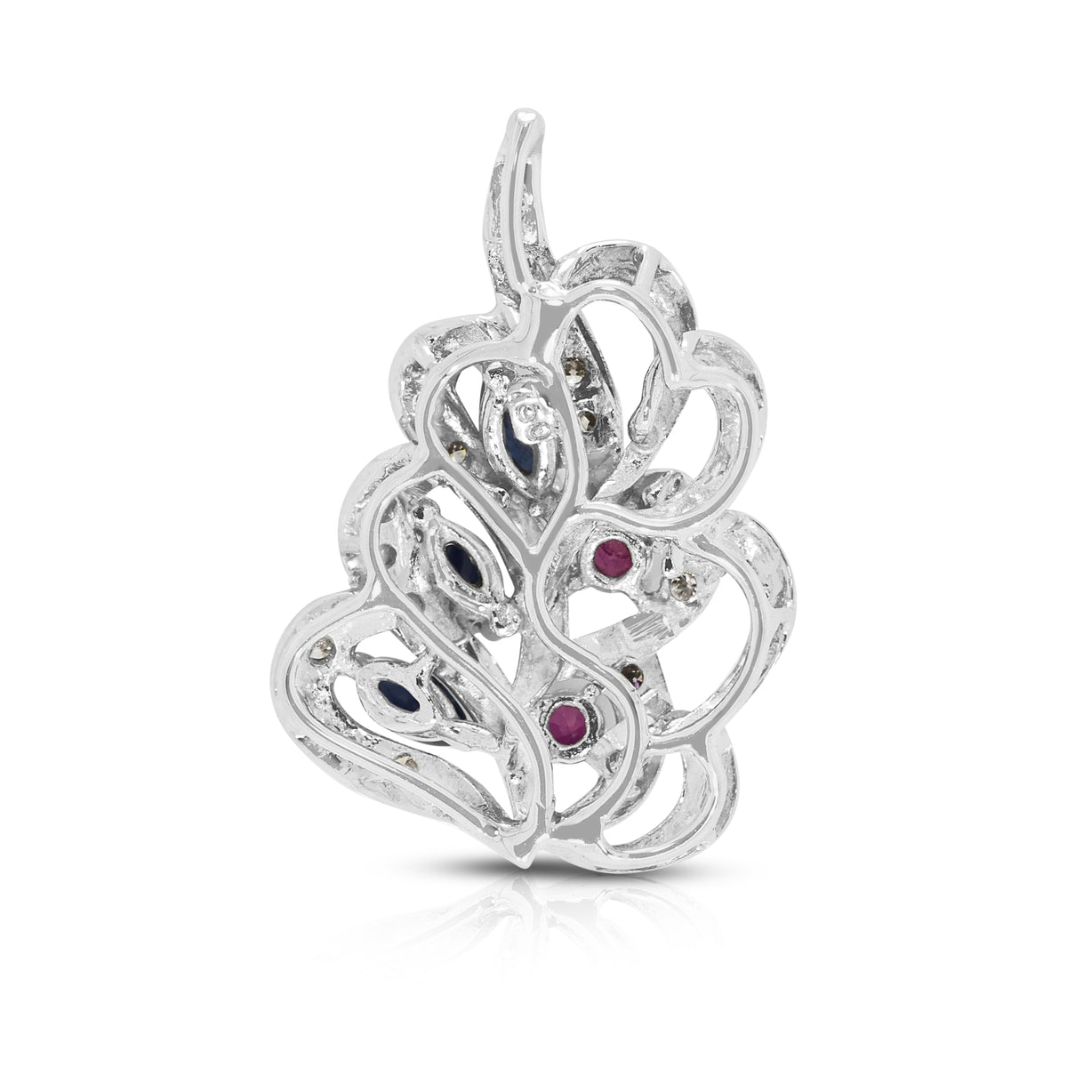 Elegant 0.30ct Blue Sapphire 0.06ct Pink Sapphire and 0.21ct Diamond Swirl Pendant in 18K White Gold