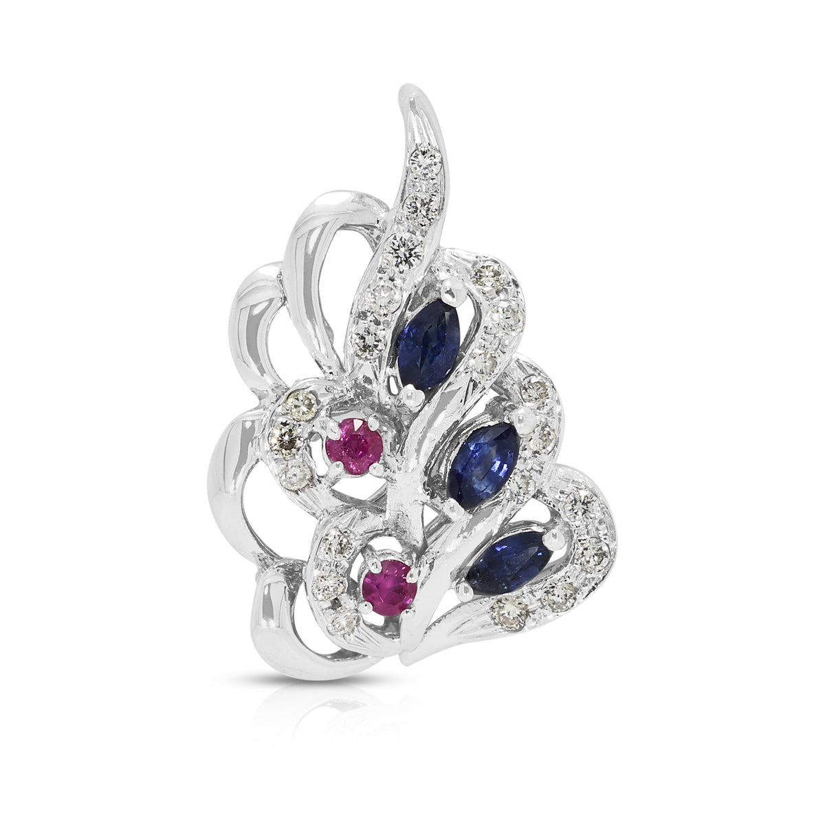 Elegant 0.30ct Blue Sapphire 0.06ct Pink Sapphire and 0.21ct Diamond Swirl Pendant in 18K White Gold
