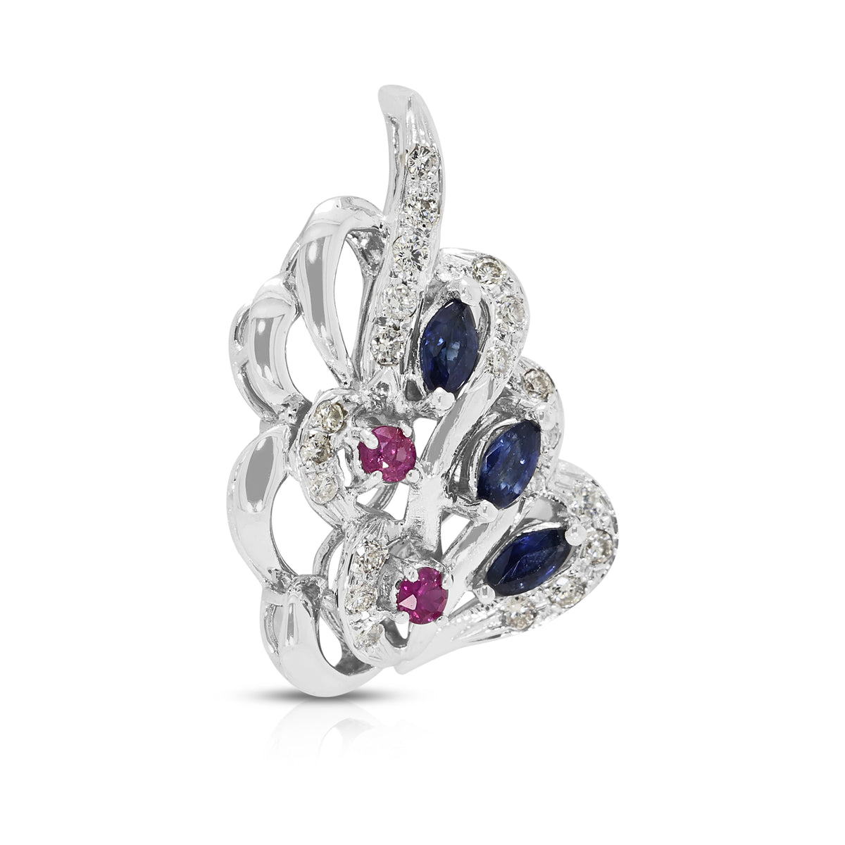 Elegant 0.30ct Blue Sapphire 0.06ct Pink Sapphire and 0.21ct Diamond Swirl Pendant in 18K White Gold