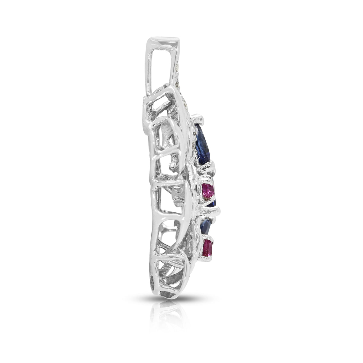 Elegant 0.30ct Blue Sapphire 0.06ct Pink Sapphire and 0.21ct Diamond Swirl Pendant in 18K White Gold