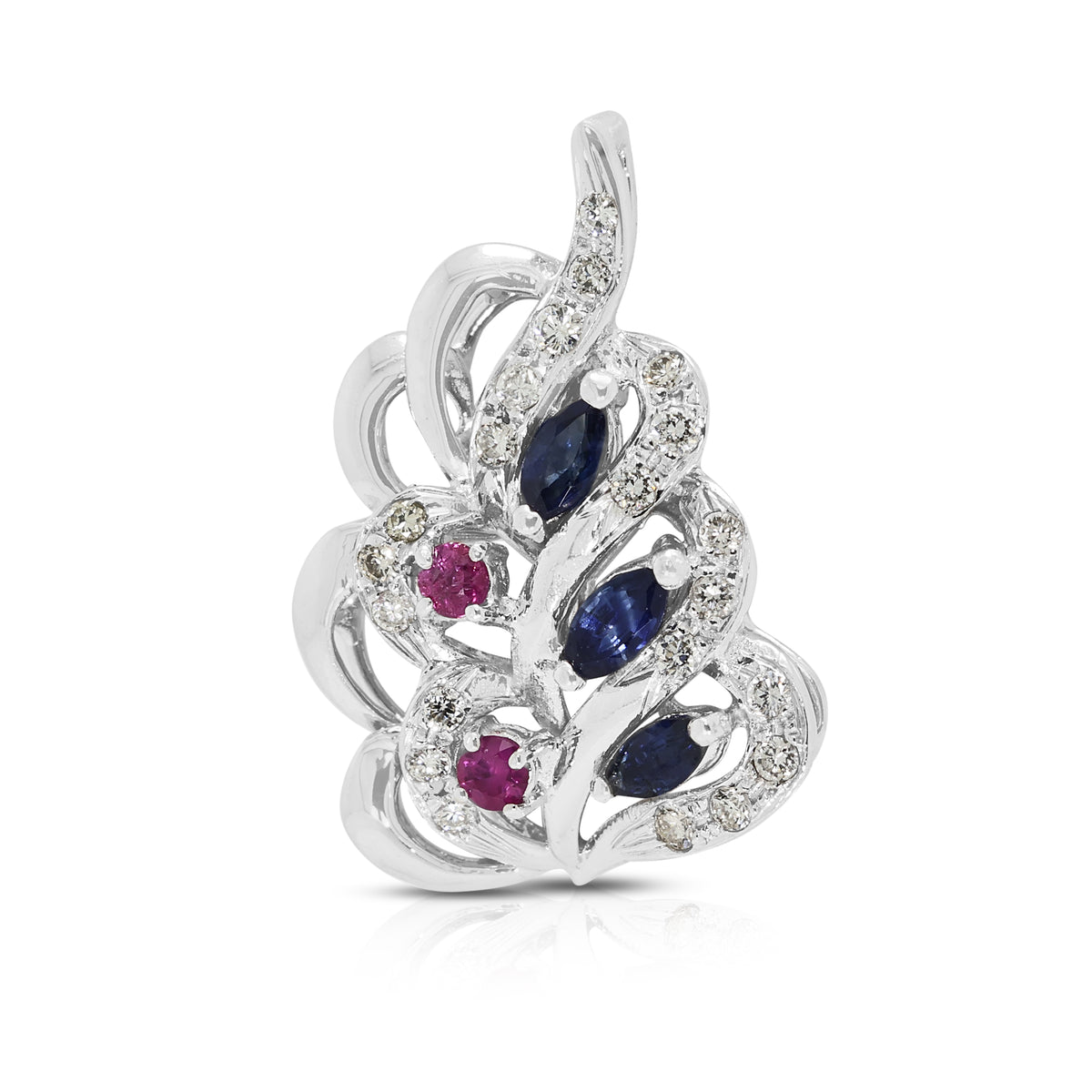 Elegant 0.30ct Blue Sapphire 0.06ct Pink Sapphire and 0.21ct Diamond Swirl Pendant in 18K White Gold