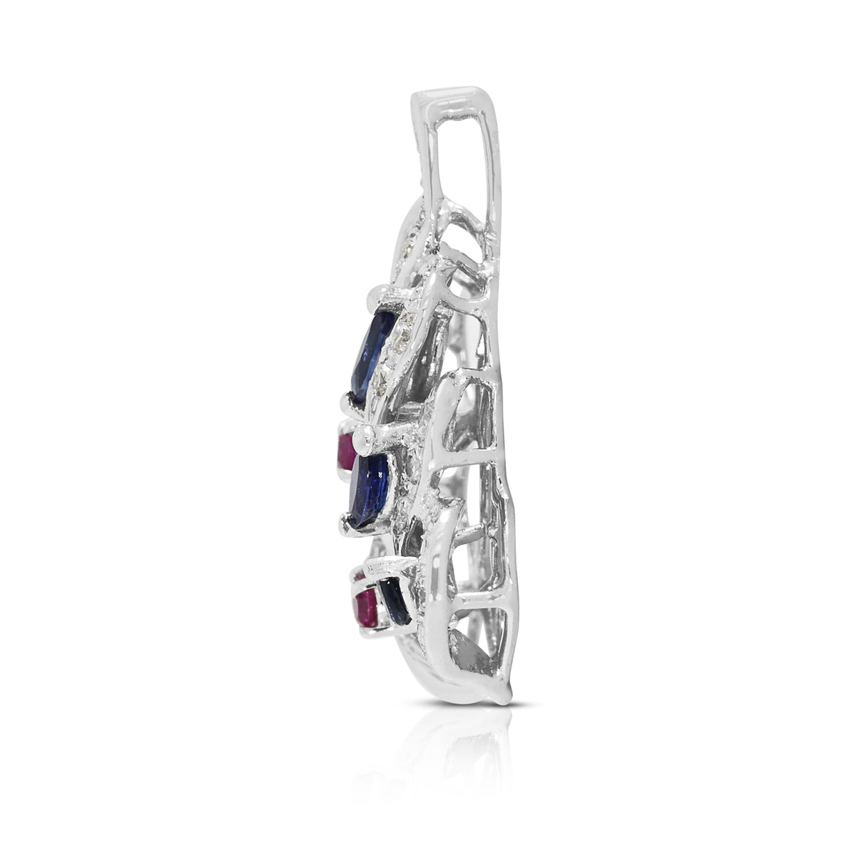 Elegant 0.30ct Blue Sapphire 0.06ct Pink Sapphire and 0.21ct Diamond Swirl Pendant in 18K White Gold