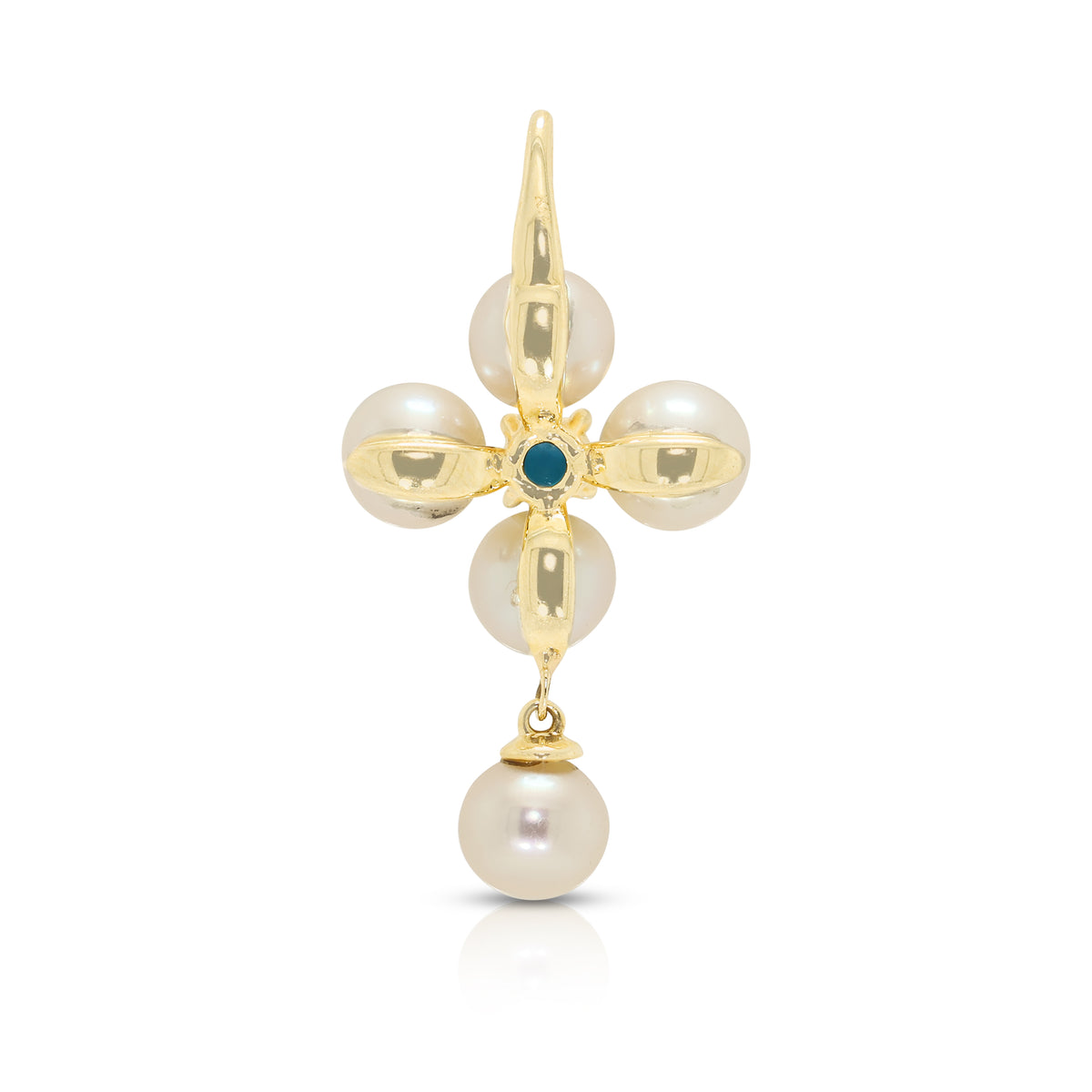 Enchanting Pink Akoya Pearl and Blue Turquoise Cross Drop Pendant in 14K Rose Gold