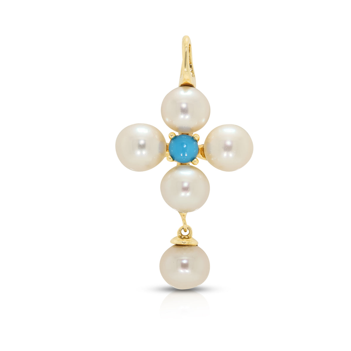 Enchanting Pink Akoya Pearl and Blue Turquoise Cross Drop Pendant in 14K Rose Gold