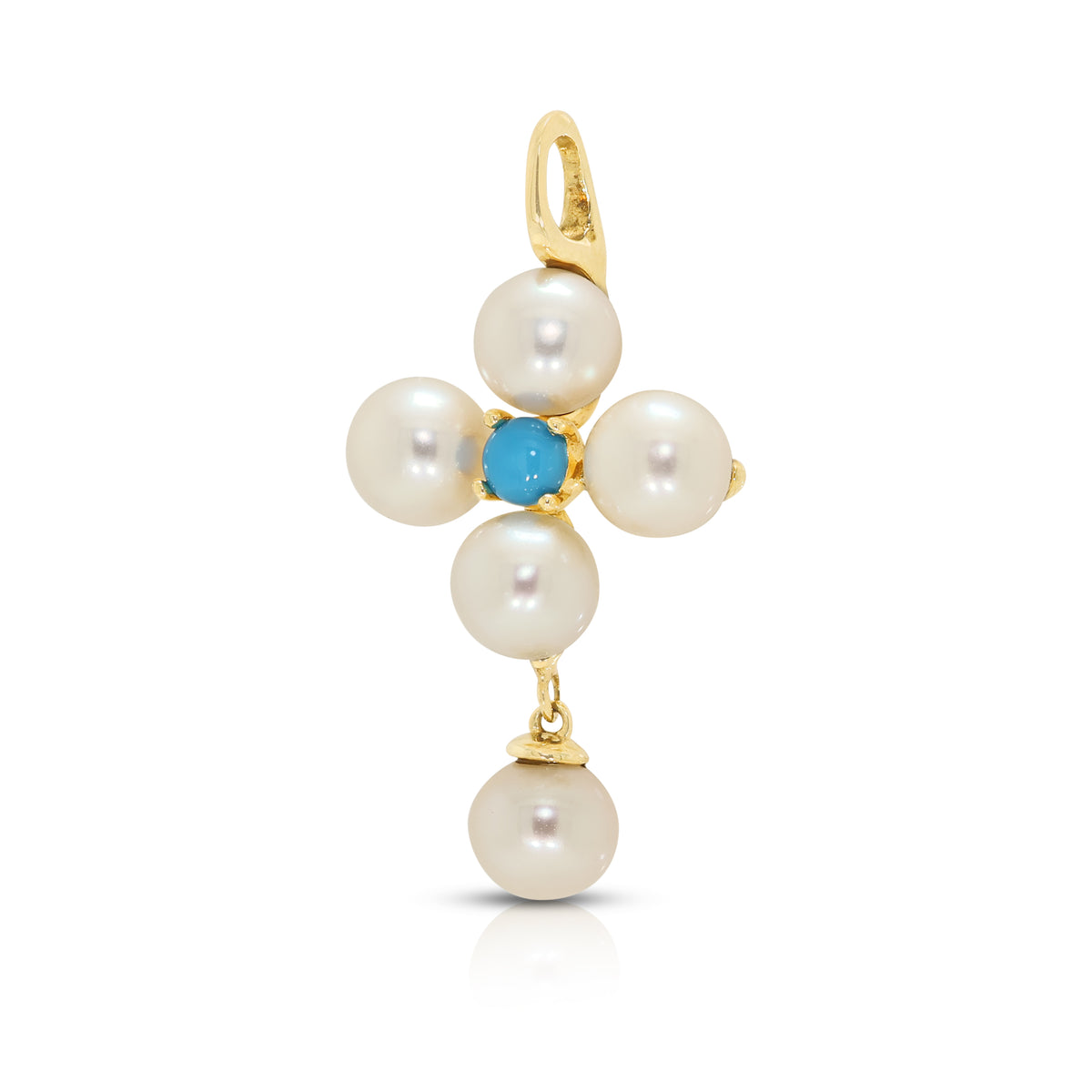 Enchanting Pink Akoya Pearl and Blue Turquoise Cross Drop Pendant in 14K Rose Gold