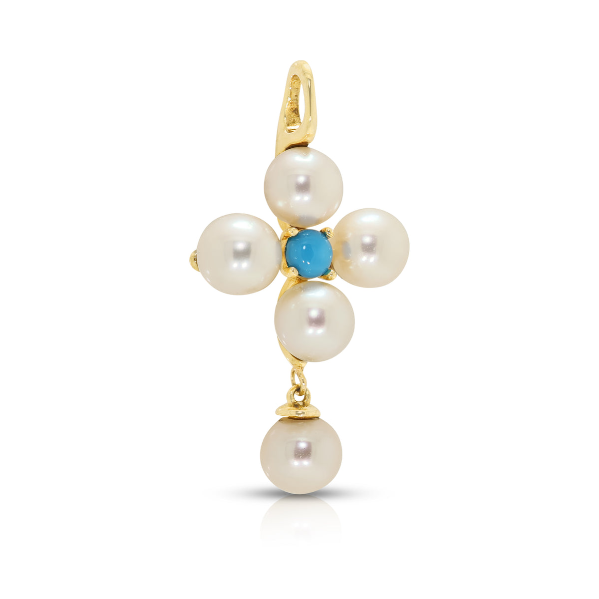 Enchanting Pink Akoya Pearl and Blue Turquoise Cross Drop Pendant in 14K Rose Gold