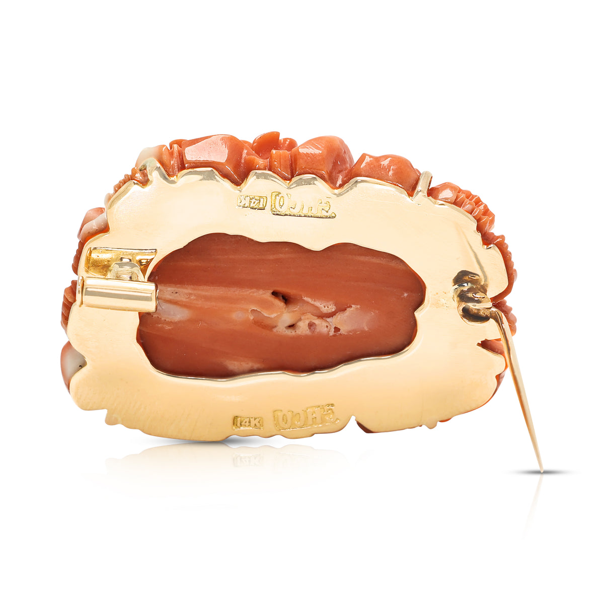 Exquisite Carved Orange-Red Coral Rose Brooch in 14K Rose Gold