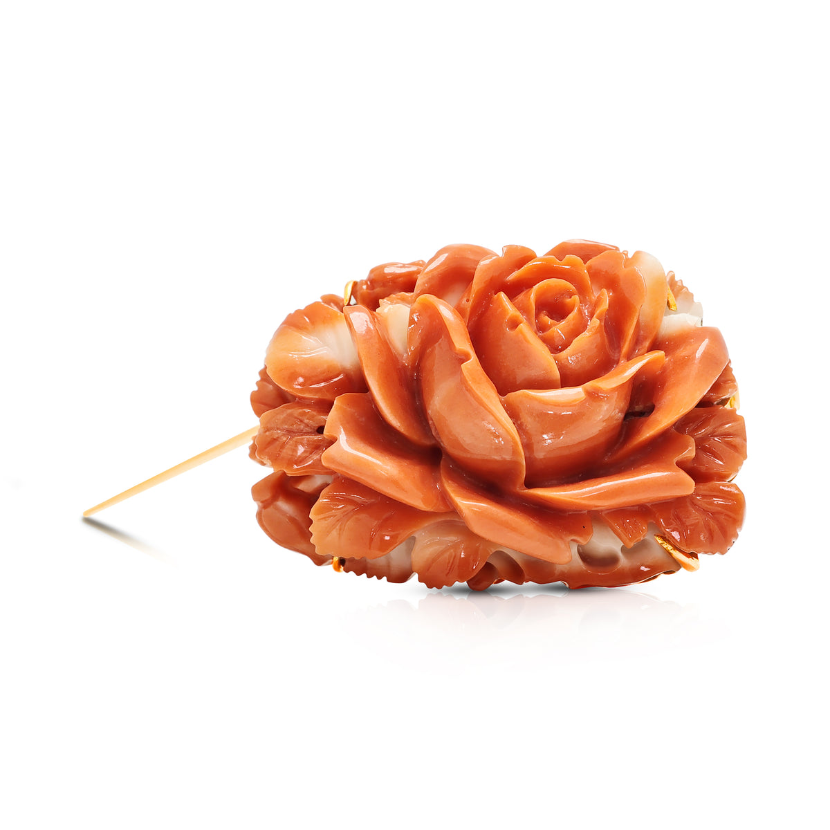 Exquisite Carved Orange-Red Coral Rose Brooch in 14K Rose Gold