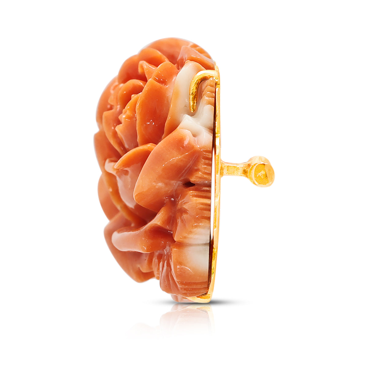 Exquisite Carved Orange-Red Coral Rose Brooch in 14K Rose Gold