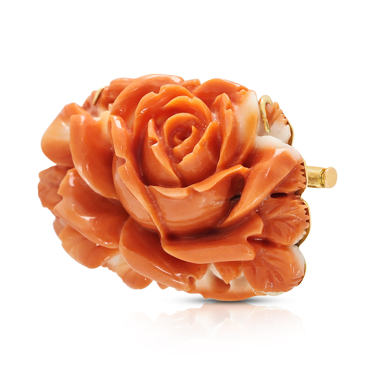 Exquisite Carved Orange-Red Coral Rose Brooch in 14K Rose Gold