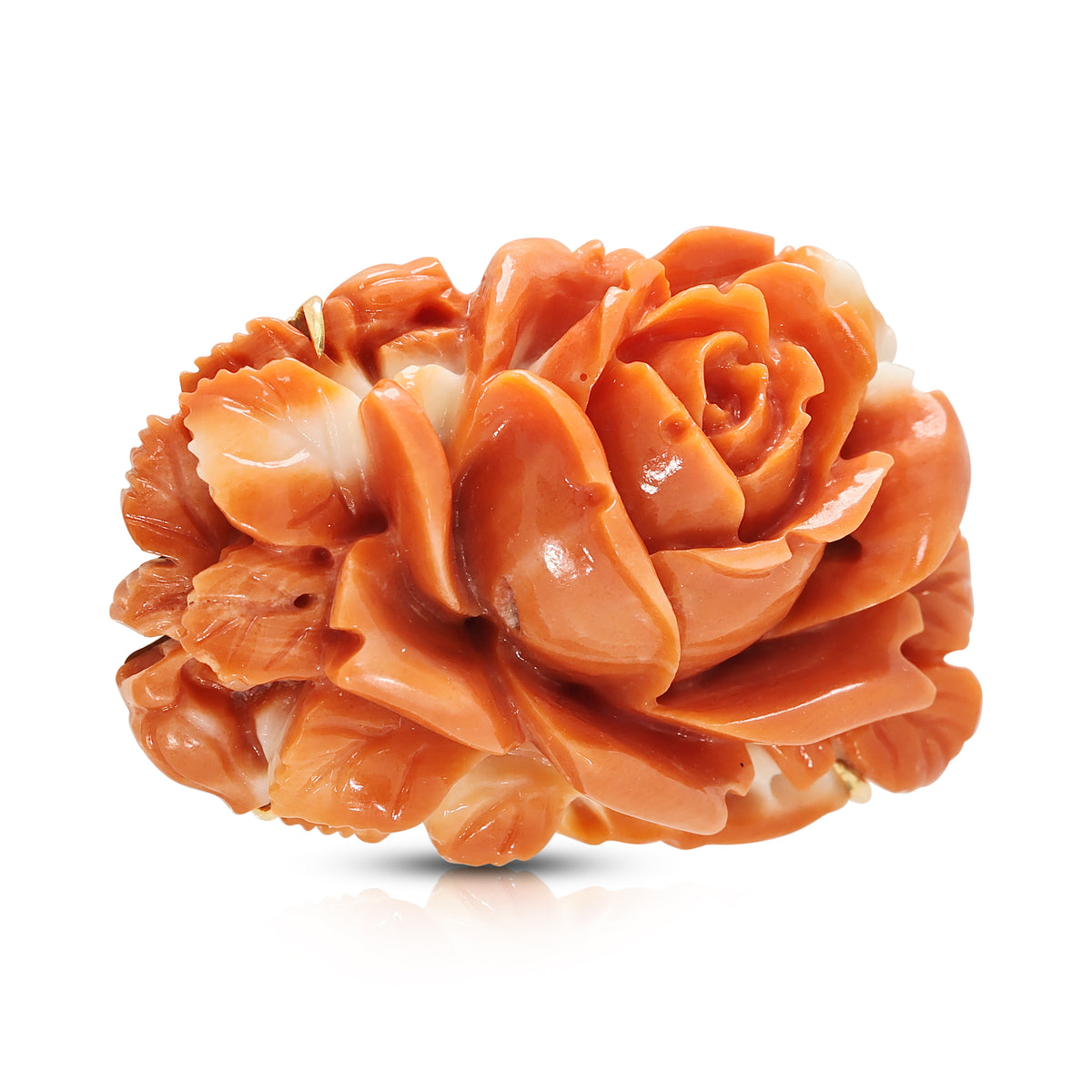 Exquisite Carved Orange-Red Coral Rose Brooch in 14K Rose Gold