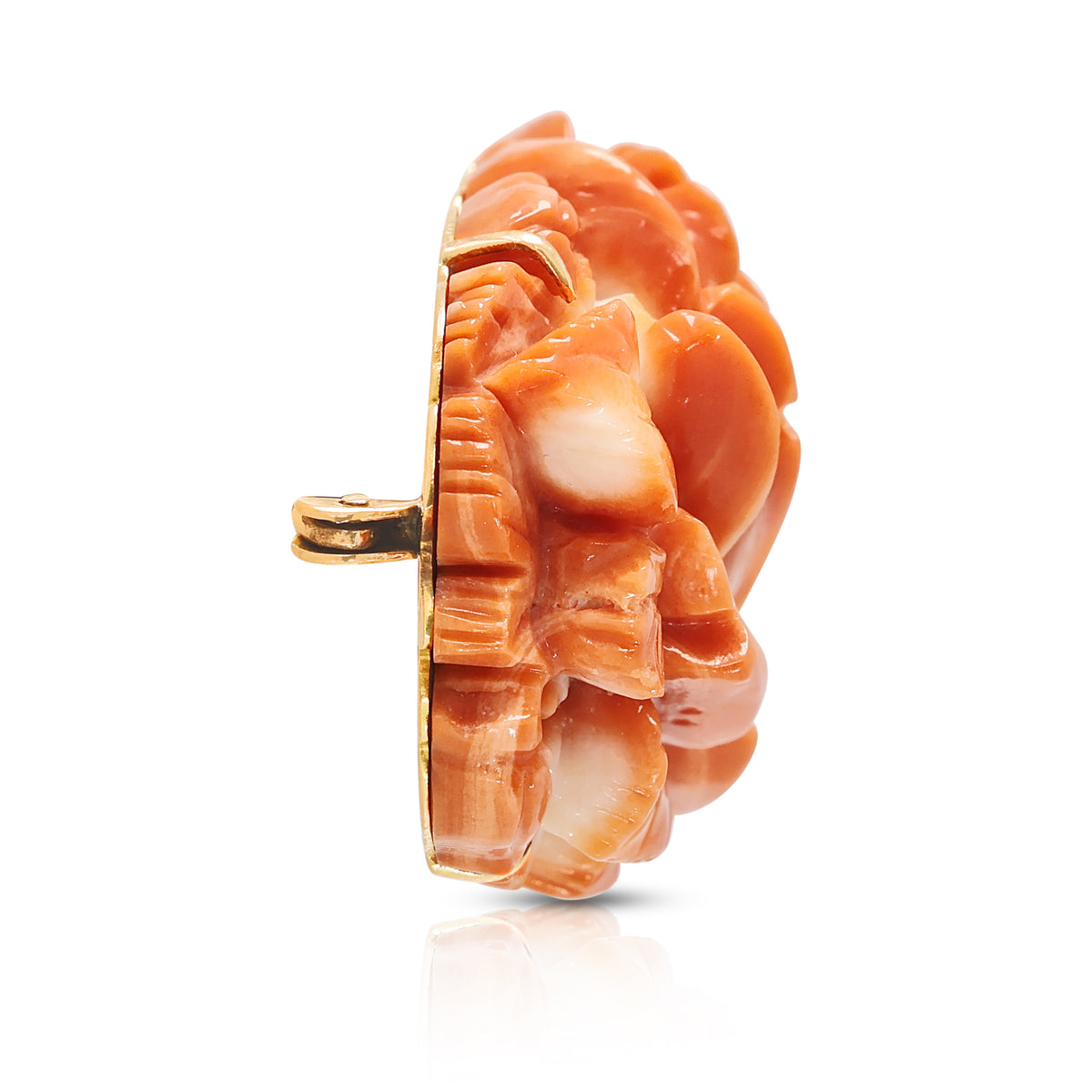 Exquisite Carved Orange-Red Coral Rose Brooch in 14K Rose Gold
