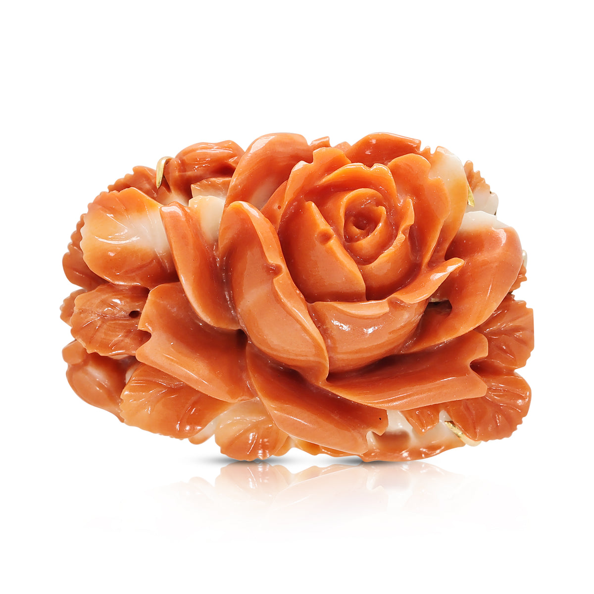 Exquisite Carved Orange-Red Coral Rose Brooch in 14K Rose Gold