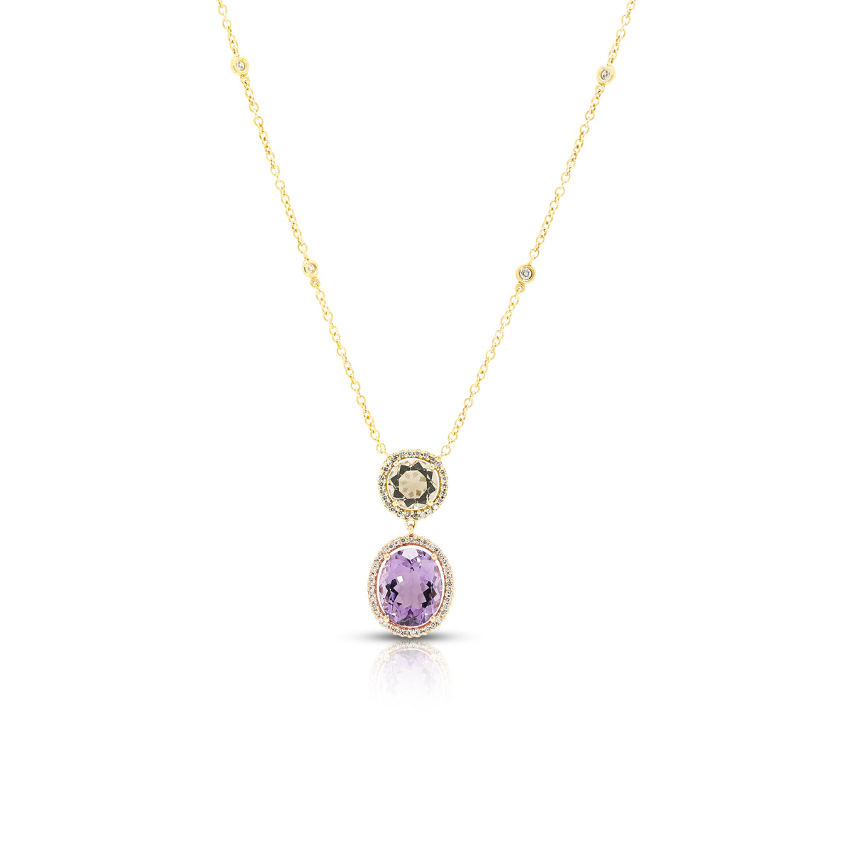 Radiant 3.88ct Amethyst, 1.80ct Spinel and 0.42ct Natural Diamond Double Halo Pendant Necklace in 18K Two-Tone Gold