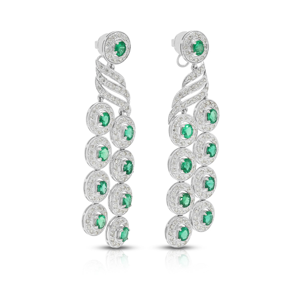 Opulent 5.40ct Emerald and 3.38ct Natural Diamond Cascading Dangling Earrings in 18K White Gold